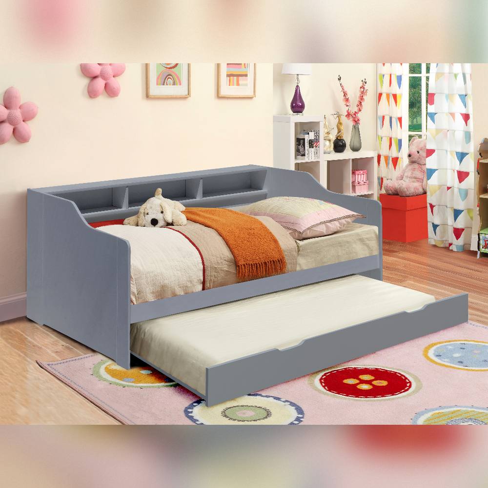 Comfy Living Ltd 3ft Wooden Bed With Shelving & Pull Out Trundle in Grey
