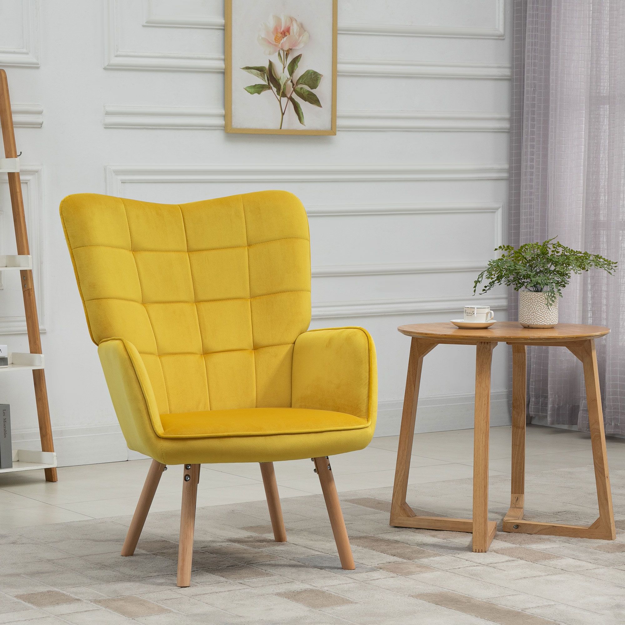 HOMCOM Modern Accent Chair Velvet-Touch Tufted Wingback Armchair Wood Legs in Yellow