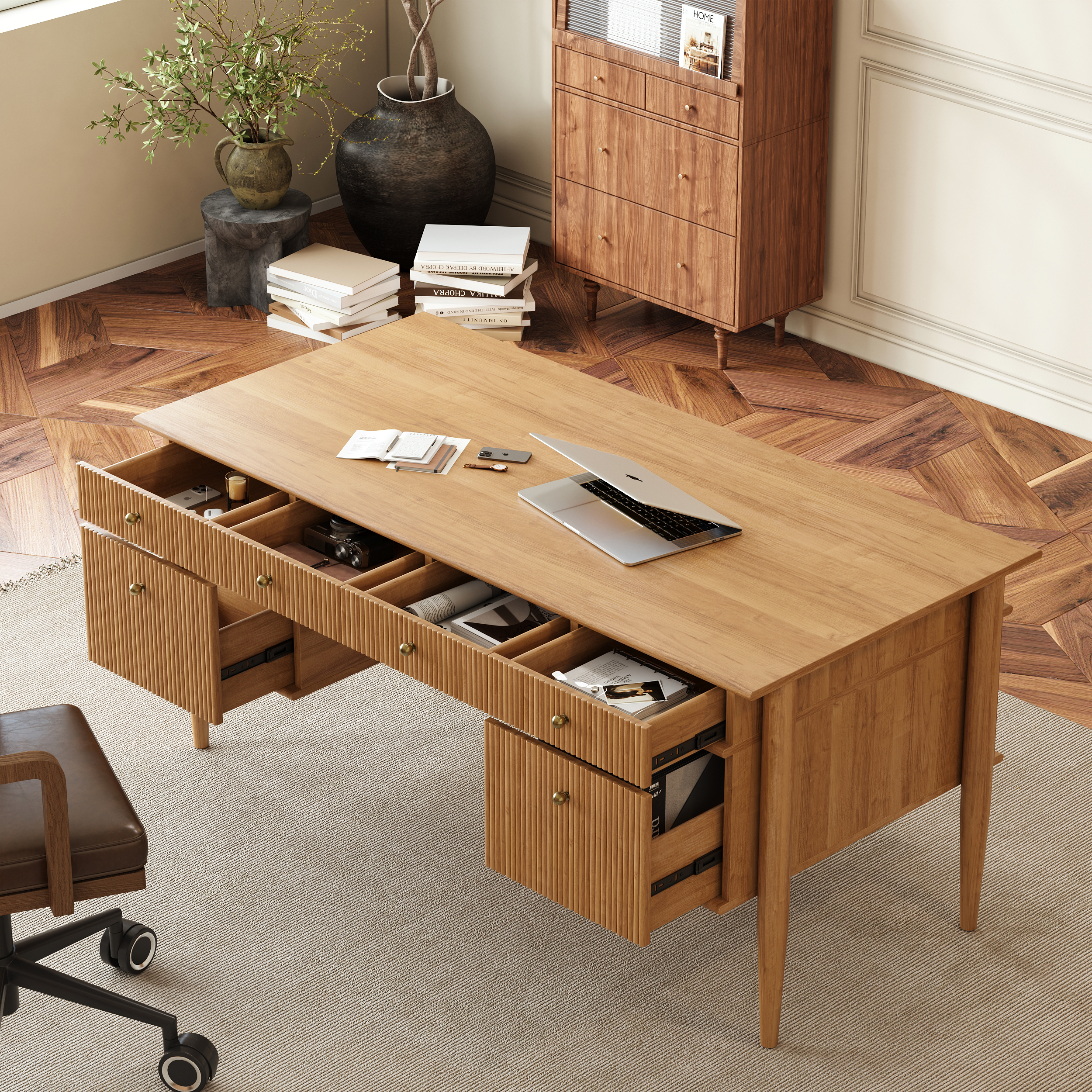 Mid-Century Solid Wood Home Office Desk with 6 Drawers Natural Executive Writing Desk (160 cm)