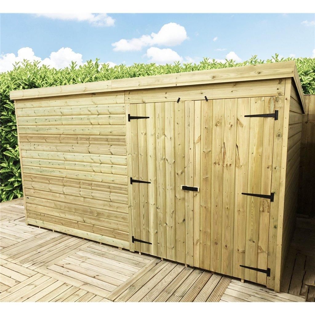 Marlborough 14 x 8 Pressure Treated Pent Garden Shed with Double Doors in Natural