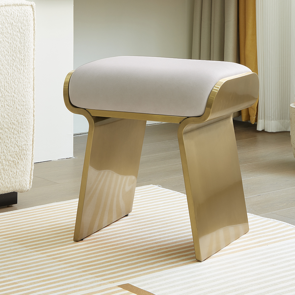 Modern Beige Backless Vanity Stool Leath-aire Upholstery & Gold Stainless Steel Frame