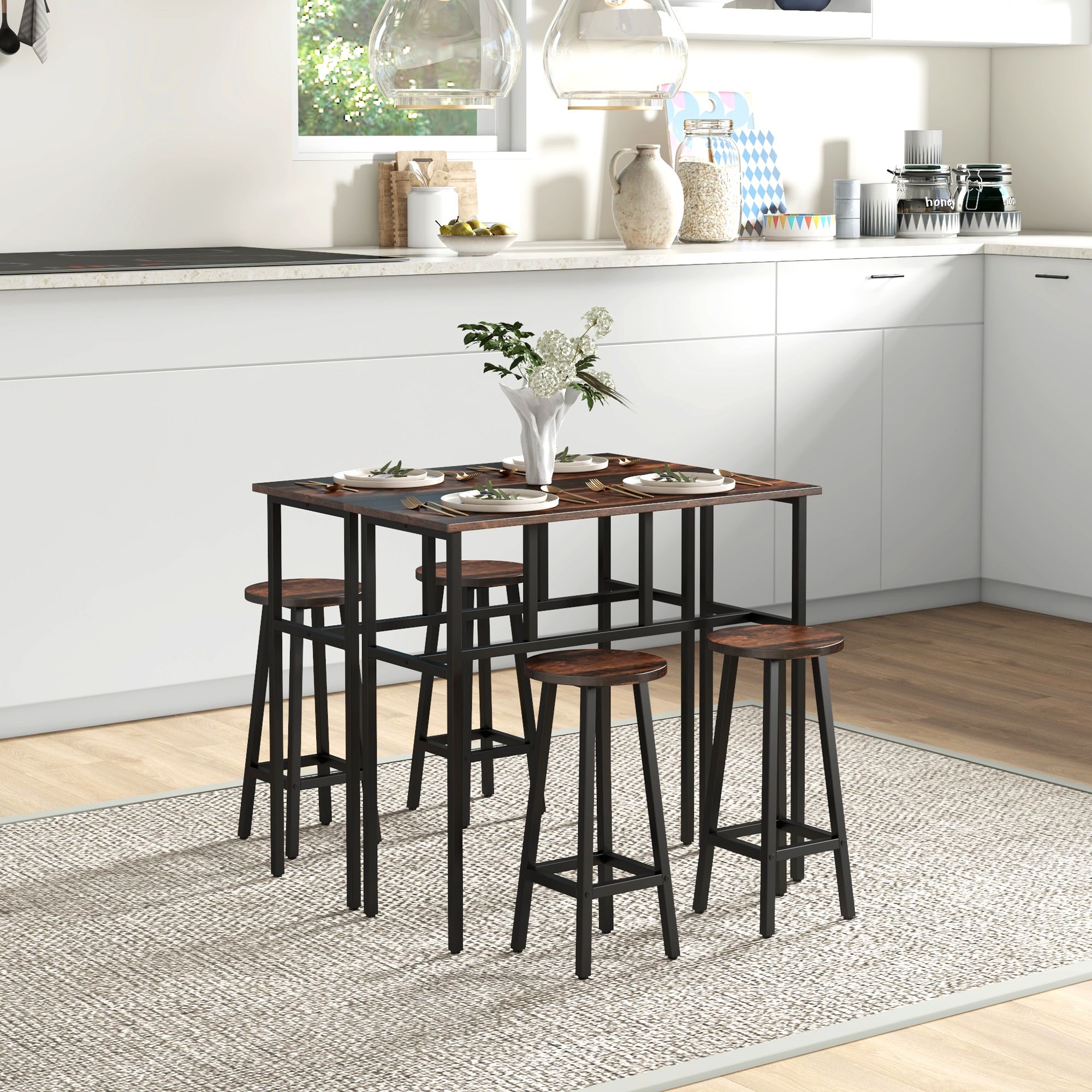 HOMCOM 6-Piece Bar Table Set, 2 Breakfast Tables with 4 Stools, Counter Height Dining Tables & Chairs for Kitchen, Living Room in Brown
