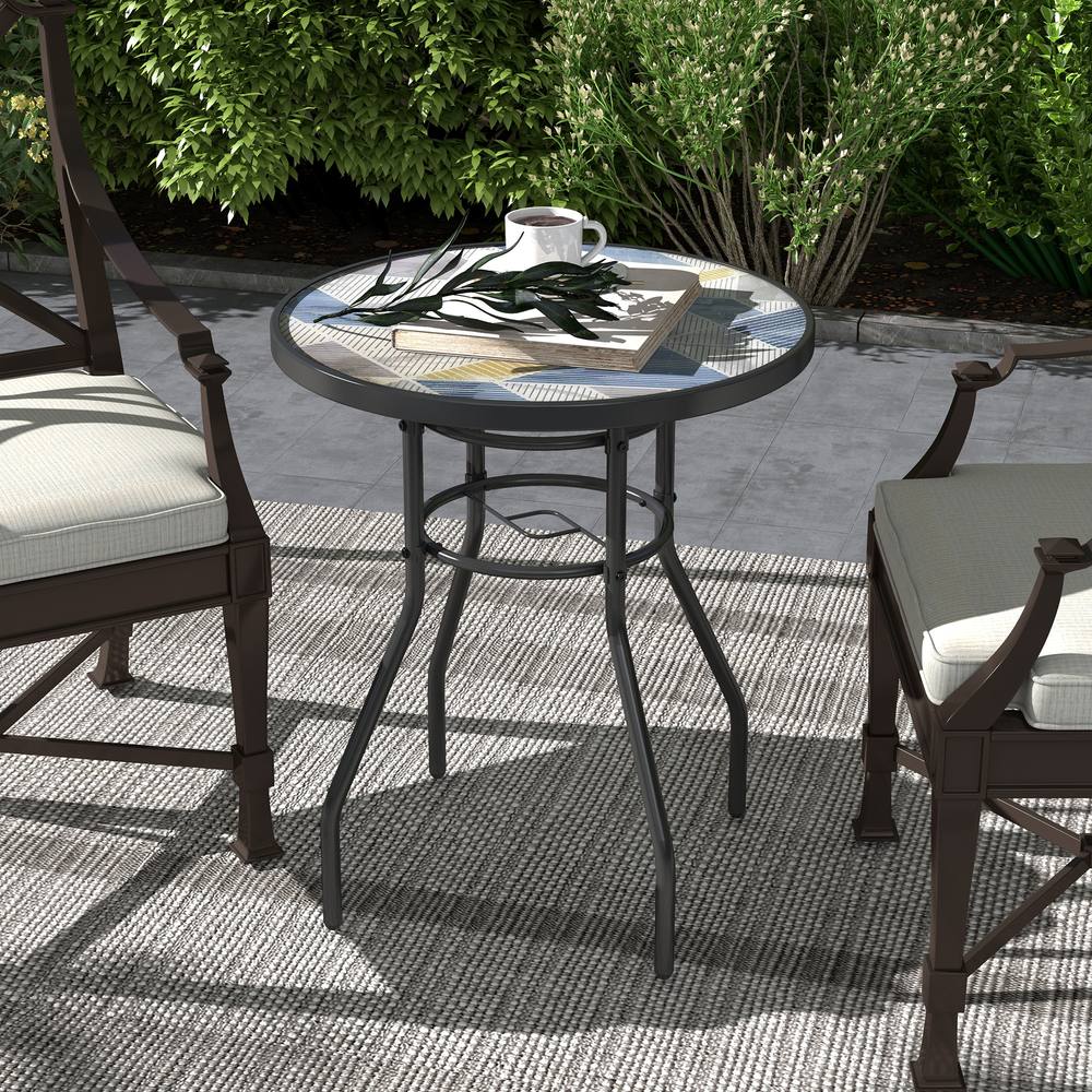 OUTSUNNY Garden Table with Glass Printed Design for Outdoor