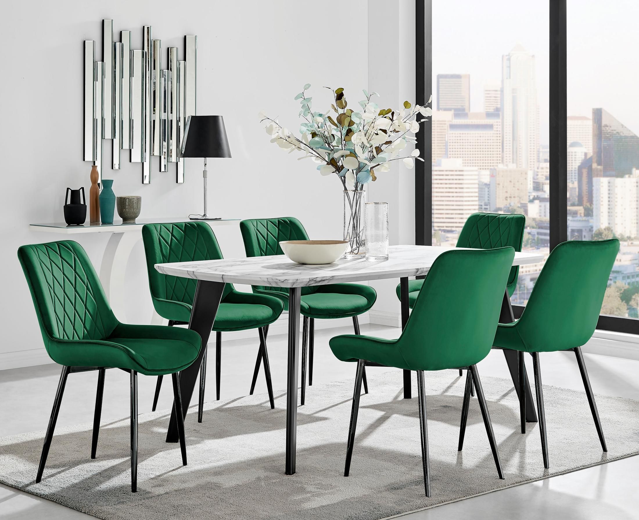 FurnitureboxUK Andria White Marble Effect & Black Leg 6 Seater Dining Table & 6 Pesaro Soft Velvet Chairs in Green