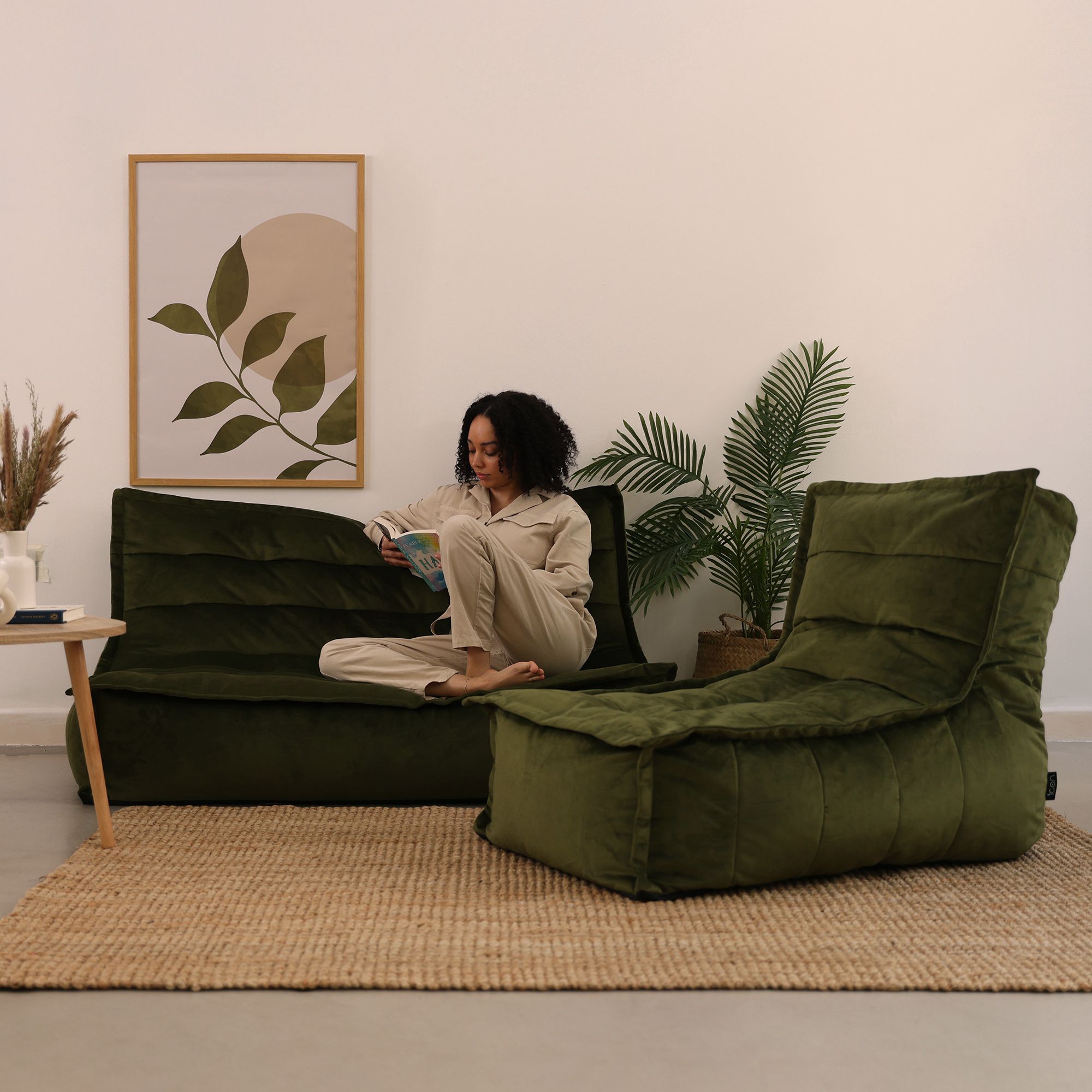 icon Kota Velvet XL Bean Bag Sofa & Lounger Set Grey Bean Bag Chair in Green