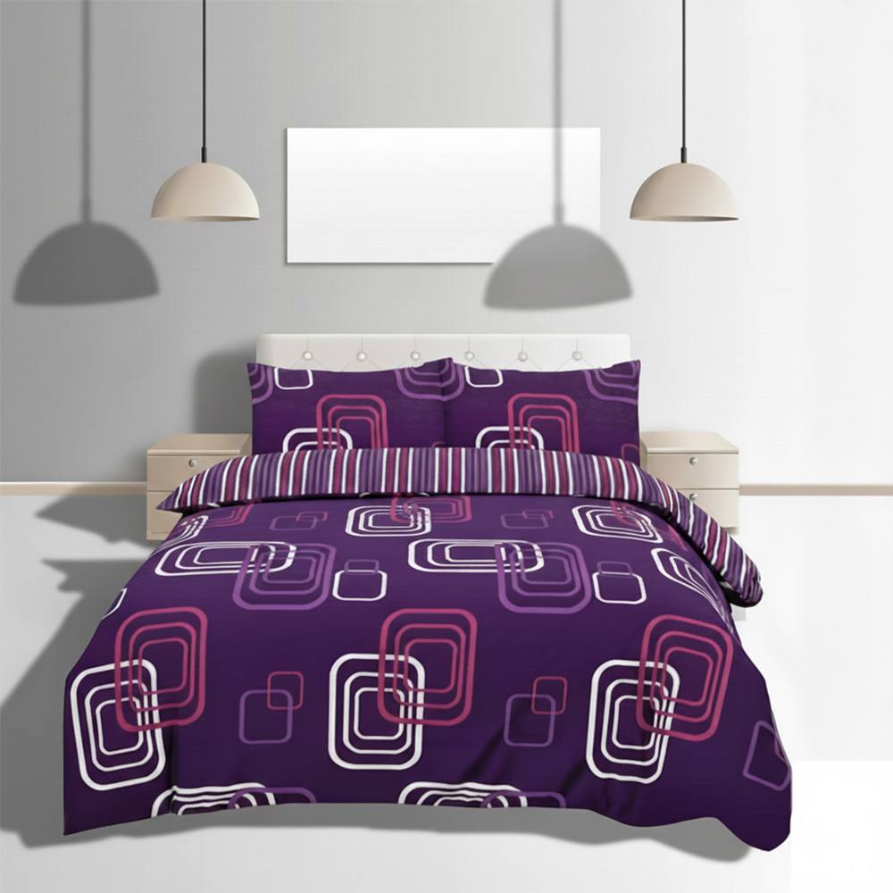 Snug City Duvet Cover & Pillowcase Set Geometric Square Design Bed Linen in Purple
