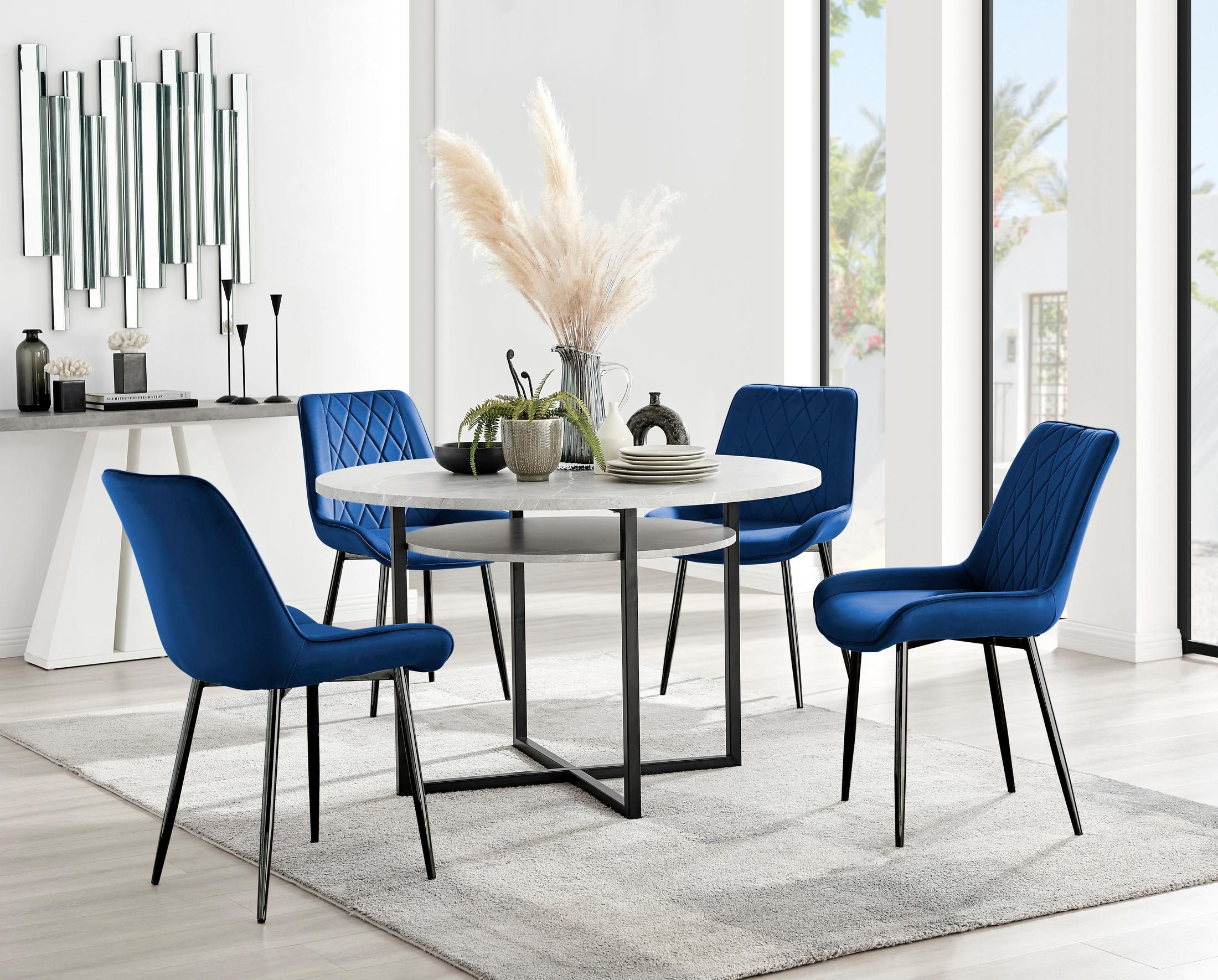 FurnitureboxUK Adley Grey Concrete Effect & Black Round Dining Table with Shelf & 4 Velvet Pesaro Dining Chairs in Navy