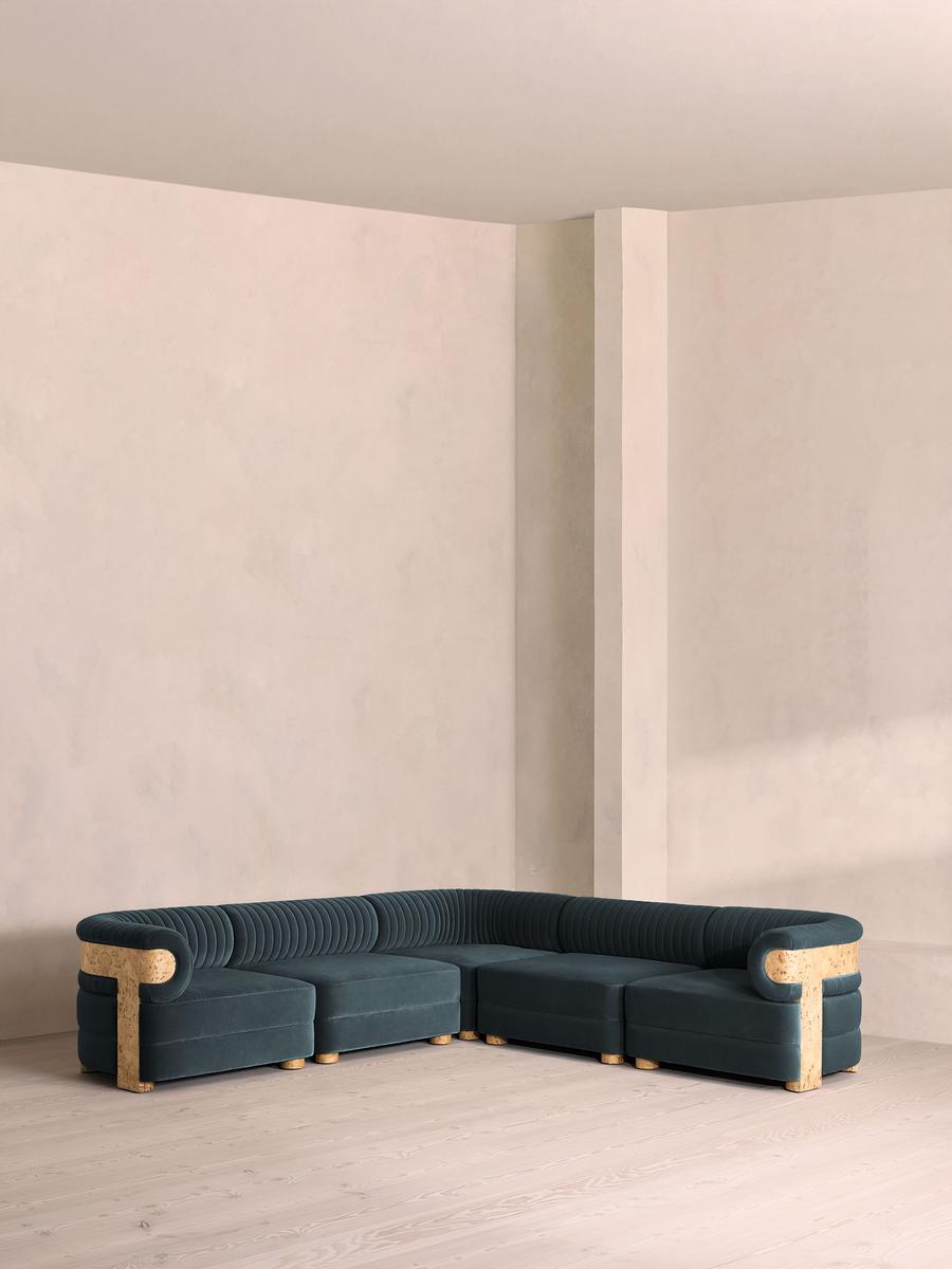 Caleb Modular Corner Sofa, Velvet, Grey Blue, Blonde Burl