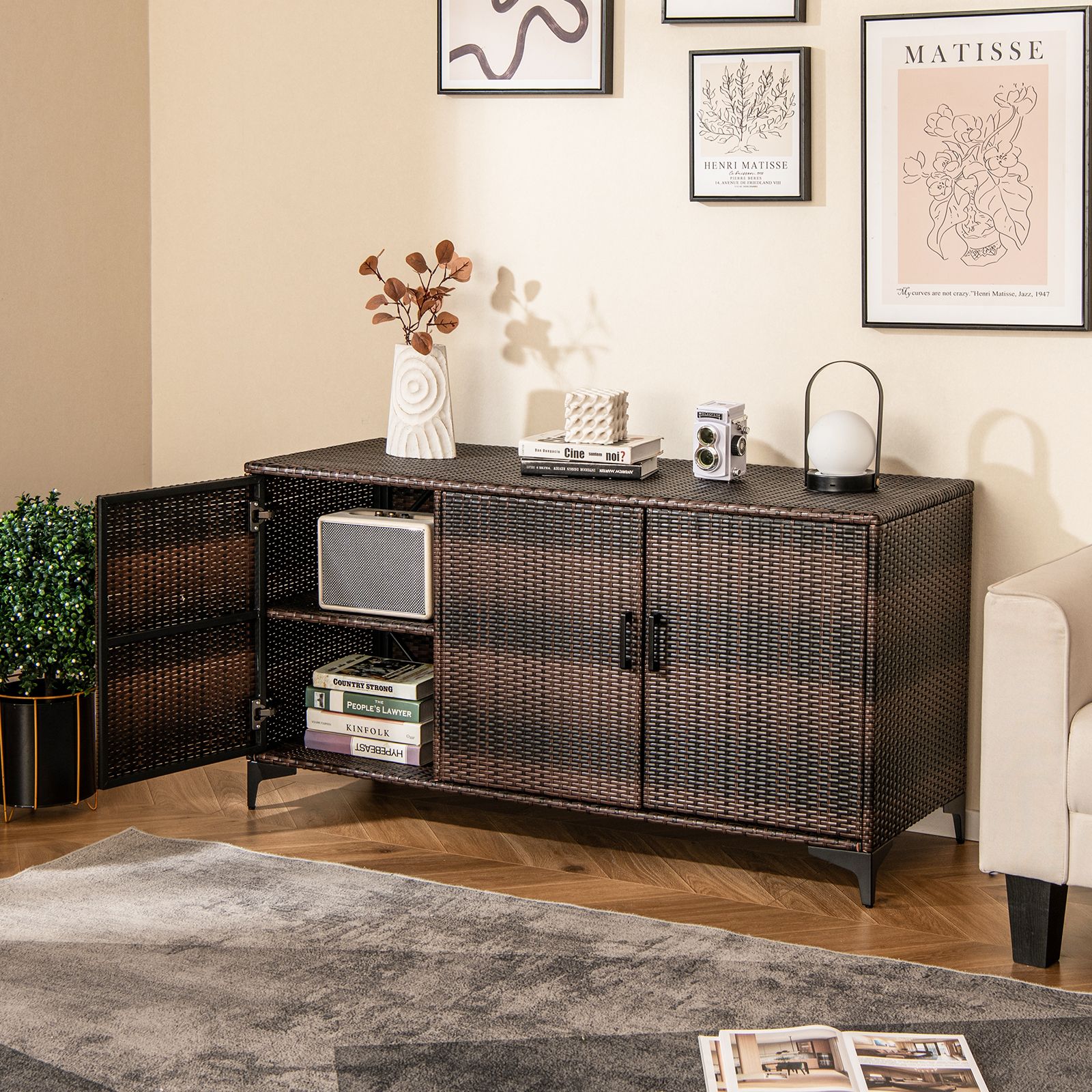 Costway 318 L Patio Wicker Storage Cabinet 3 Door Deck Box Indoor PE Rattan Storage Bin in Brown