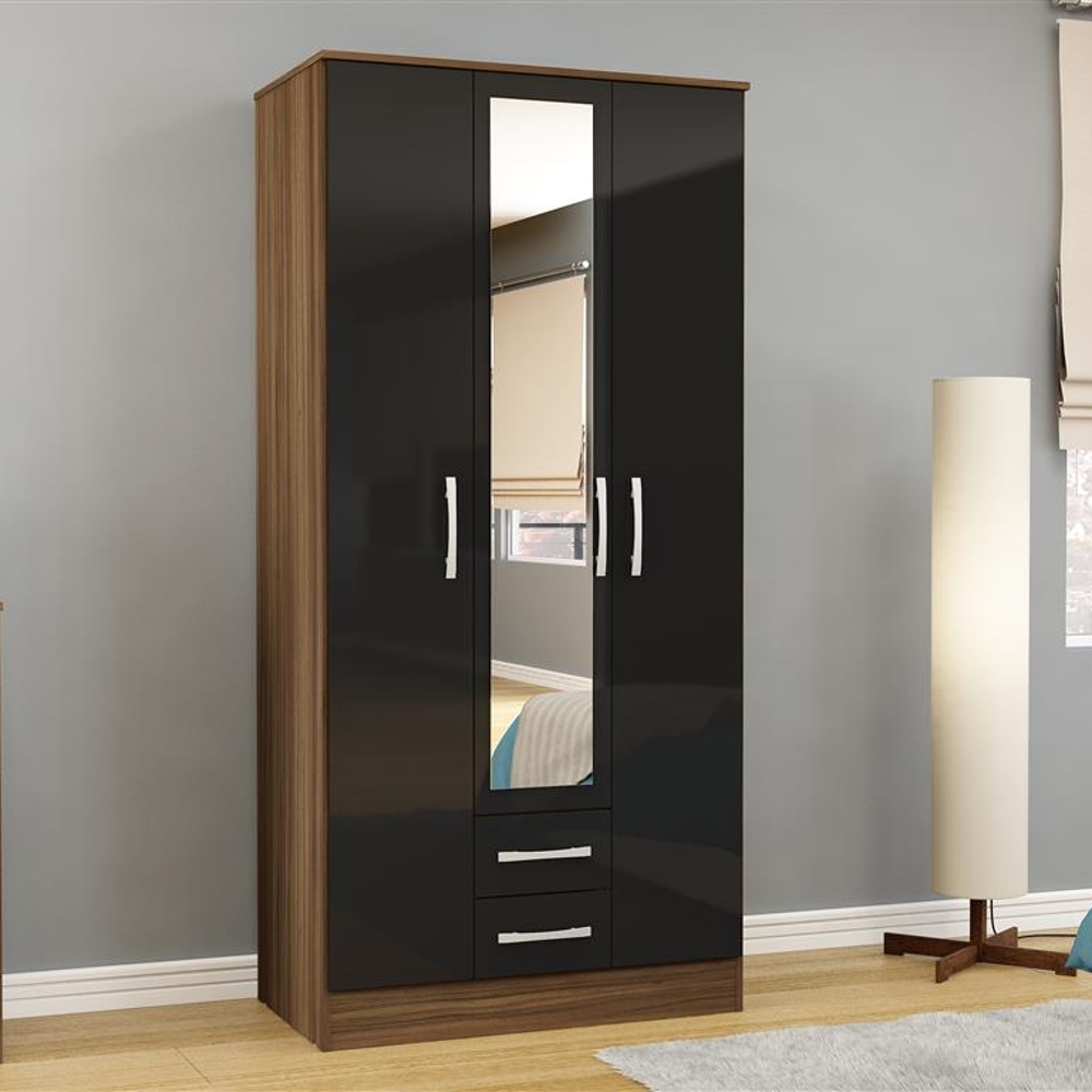 Lynx 3 Door Combination Mirrored Wardrobe Walnut and Black
