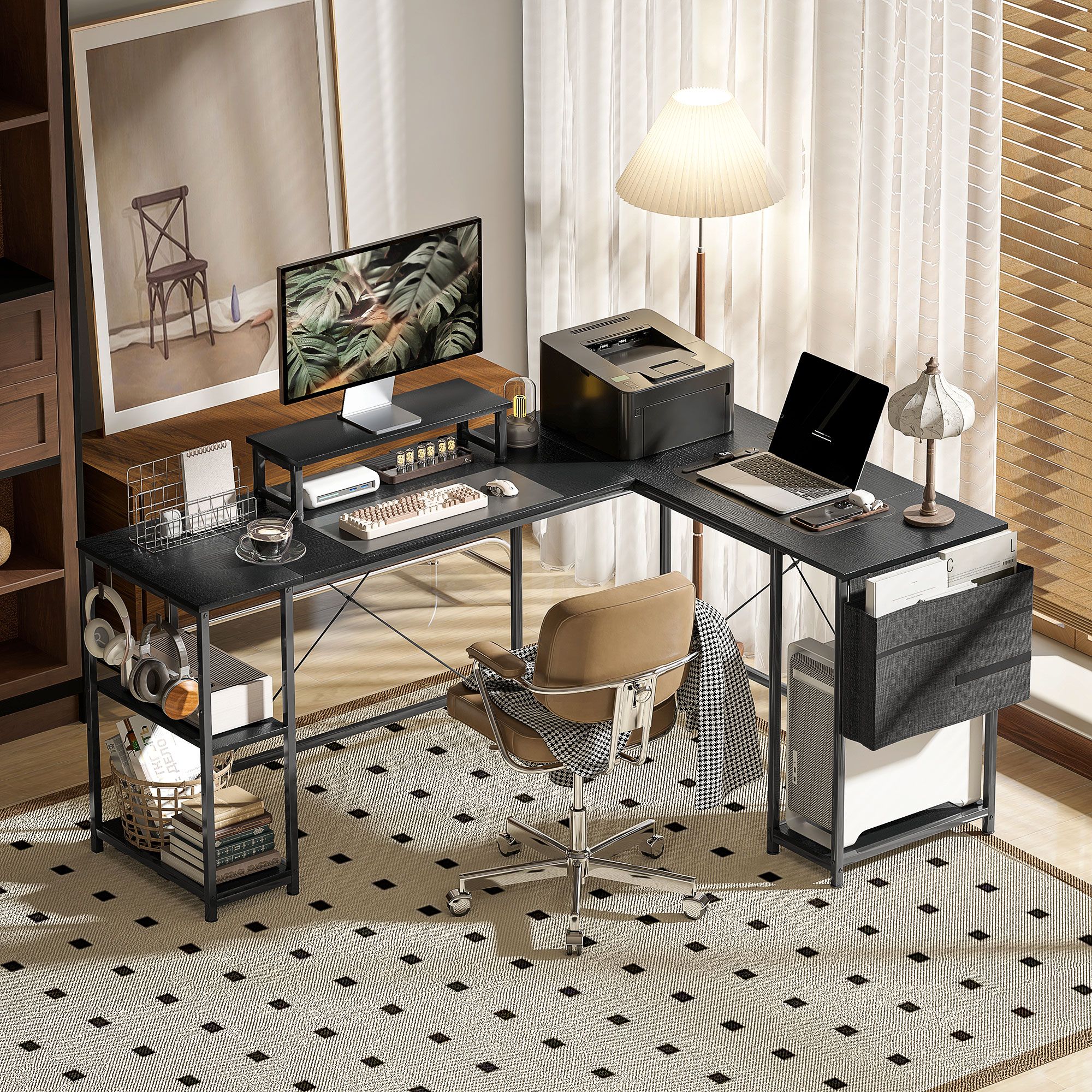 HOMCOM 168cm Reversible L Shaped Desk, 240cm Two Person Desk in Black