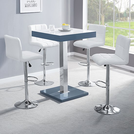 Topaz Grey White Glass Bar Table With 4 Coco White Stools