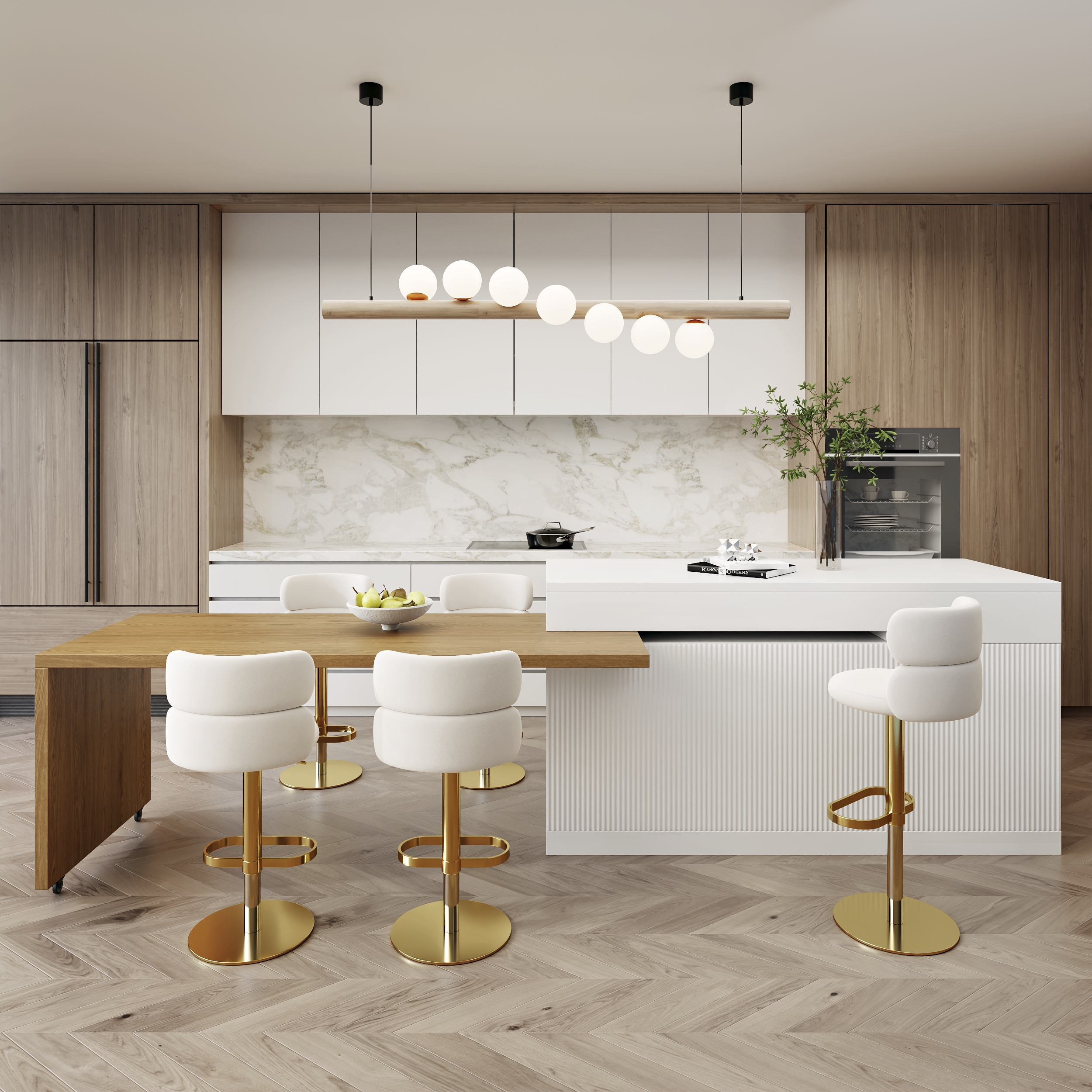 205 - 270 cm Extendable White Kitchen lsland with Doors&Drawers Marble Pattern Top