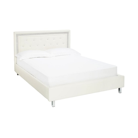 Branson King Size Bed In White Faux Leather With Diamante