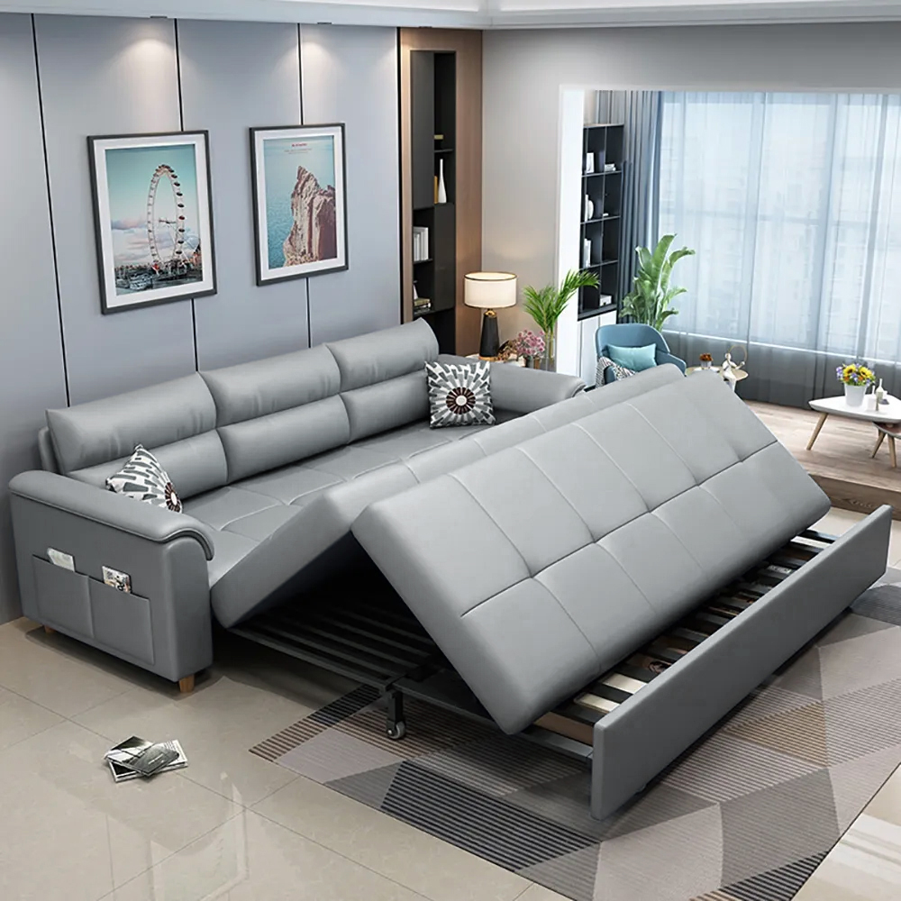 188 cm 2-Seater Convertible Sofa Bed Light Gray Full Sleeper Sofa with Storage and Side Pockets
