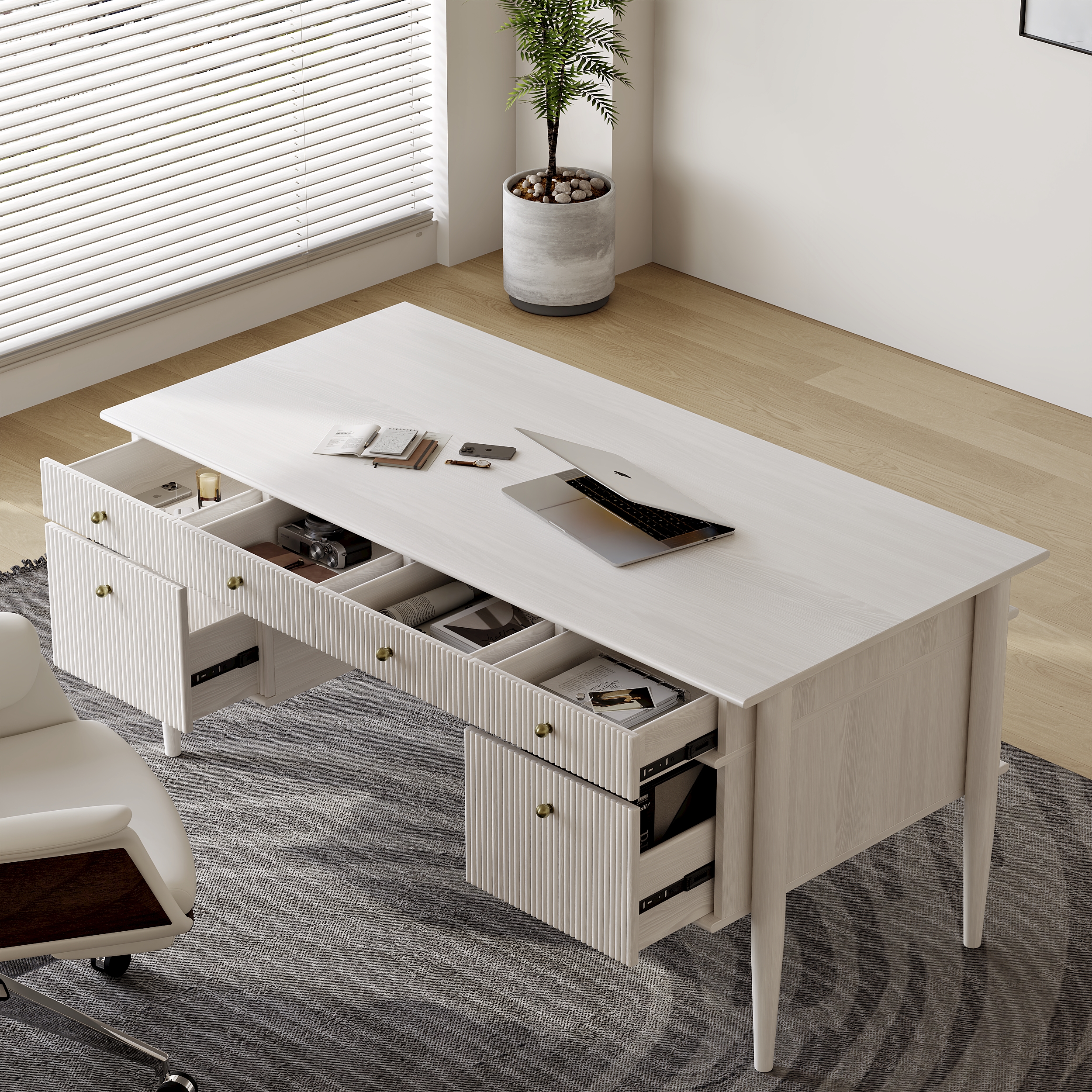 Modern Solid Wood Home Office Desk with 6 Drawers Whitewash Executive Writing Desk (1625mm)