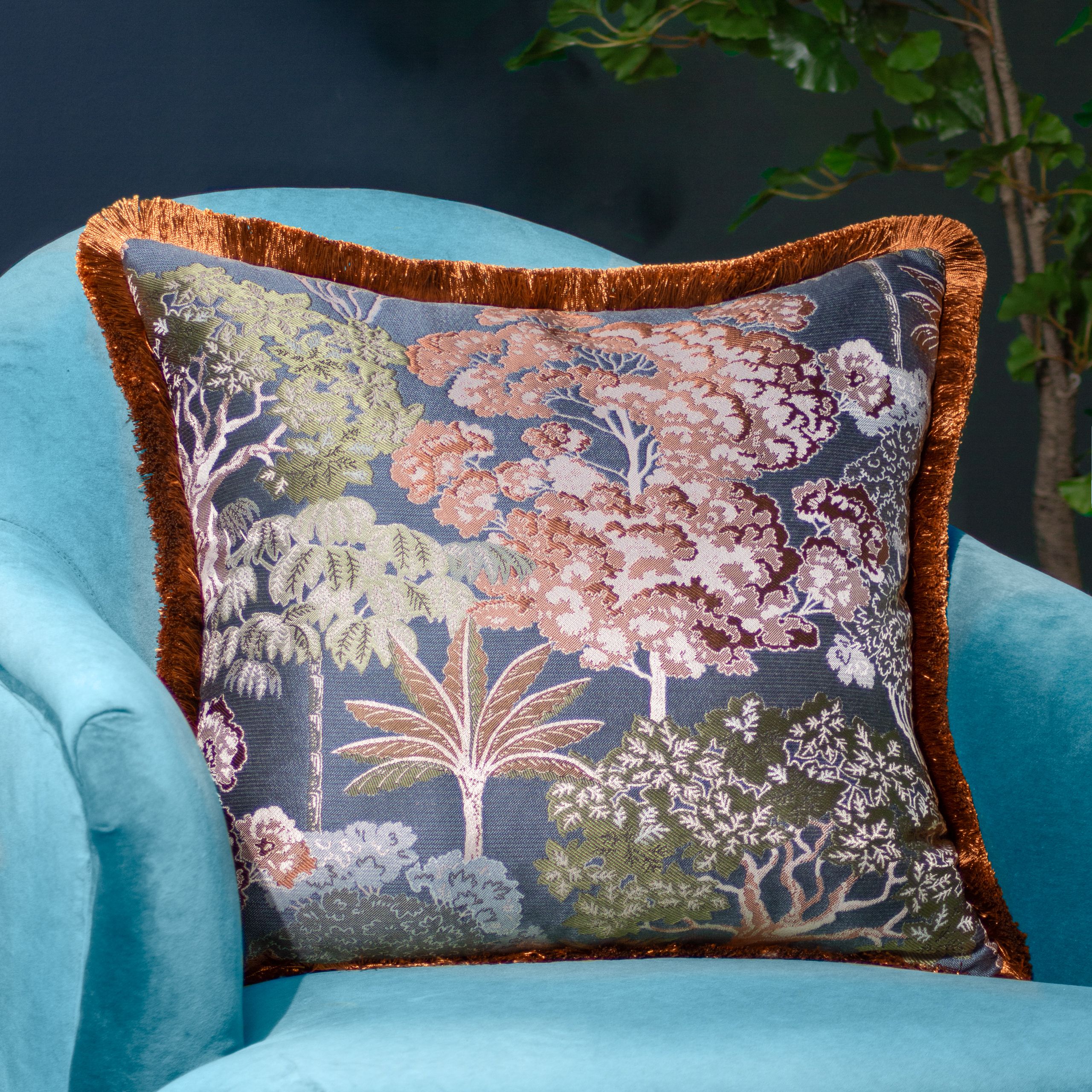 Wylder Nature Woodlands Tropical Jacquard Cushion in Navy