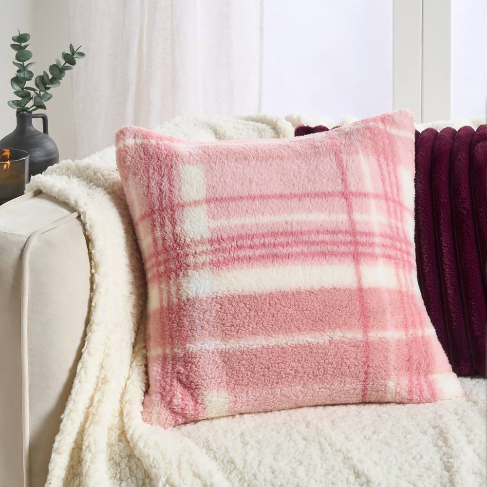 OHS 2 x Winter Check Teddy Fleece Square Cushion Covers in Baby Pink