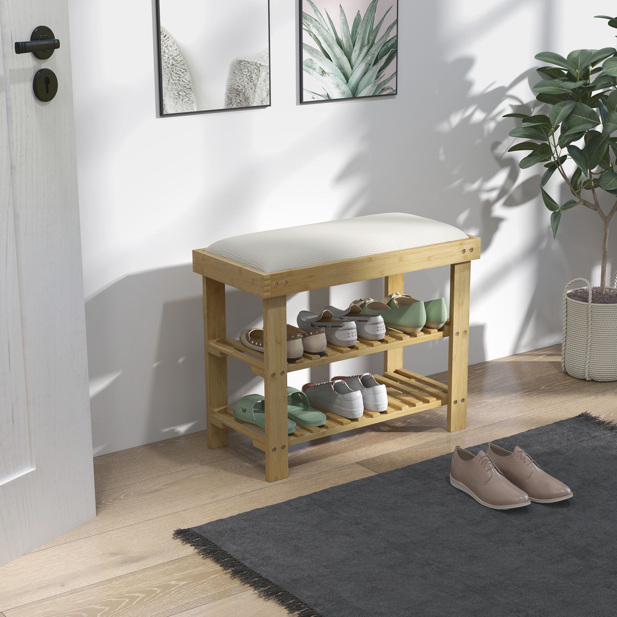 HOMCOM 3-Tier Shoe Storage Bench, Bamboo Shoe Rack for Entryway, Cream