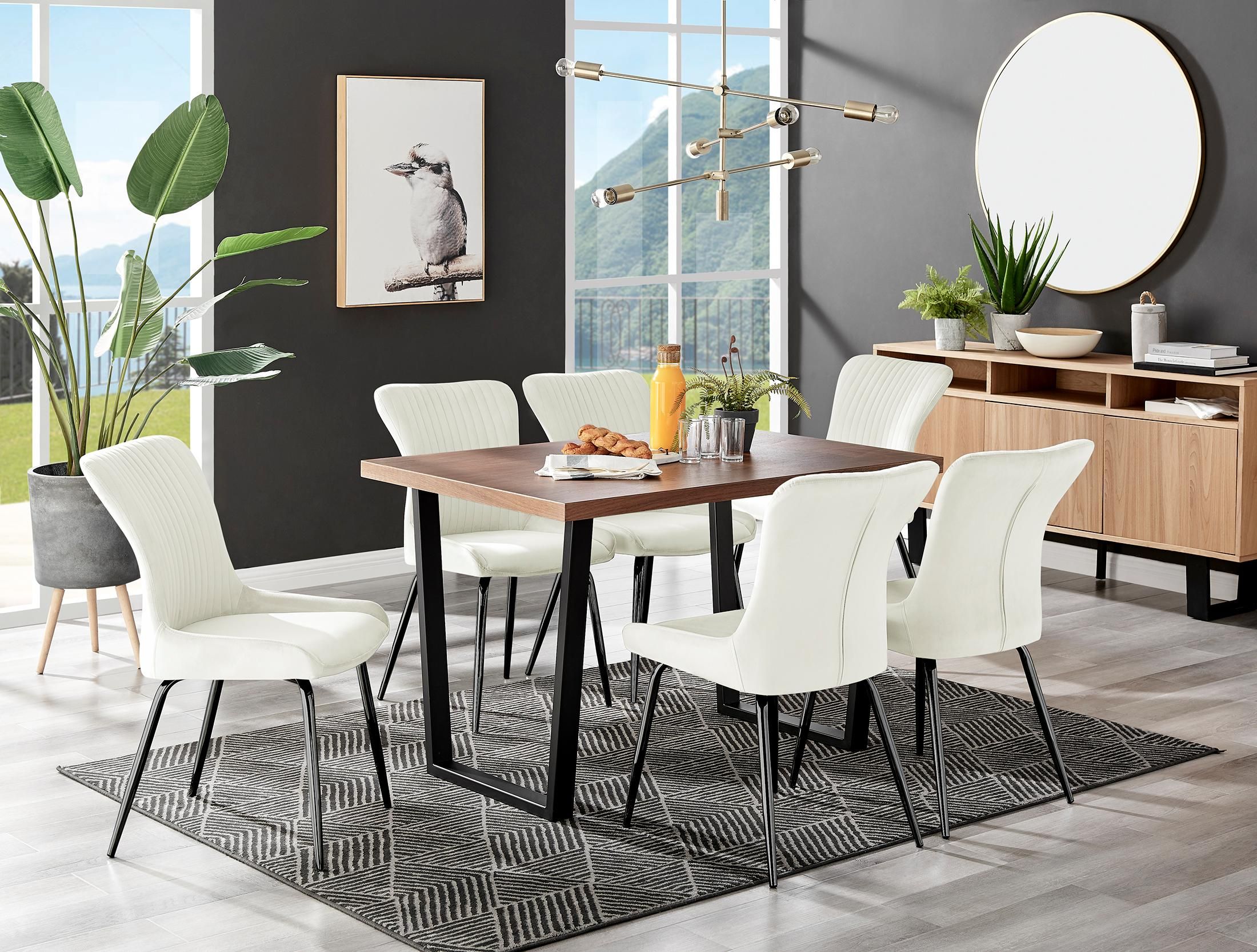 FurnitureboxUK Kylo Large Brown Wood Effect Dining Table & 6 Nora Black Leg Velvet Chairs in Cream