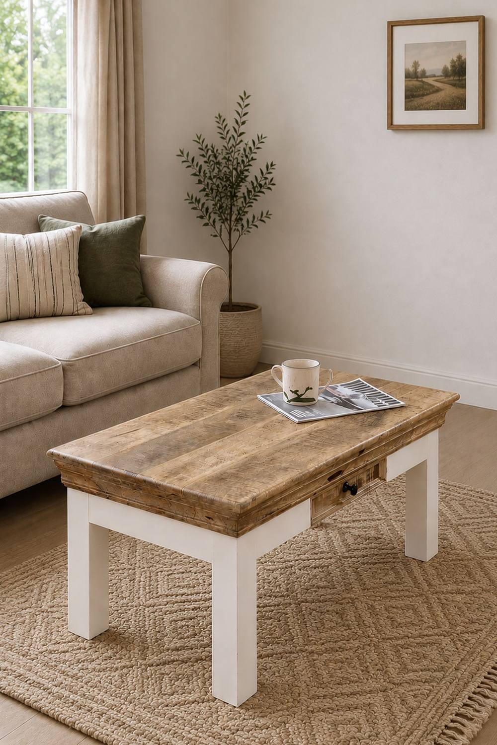 IH Design Washington White Mango Wood Coffee Table with Drawer