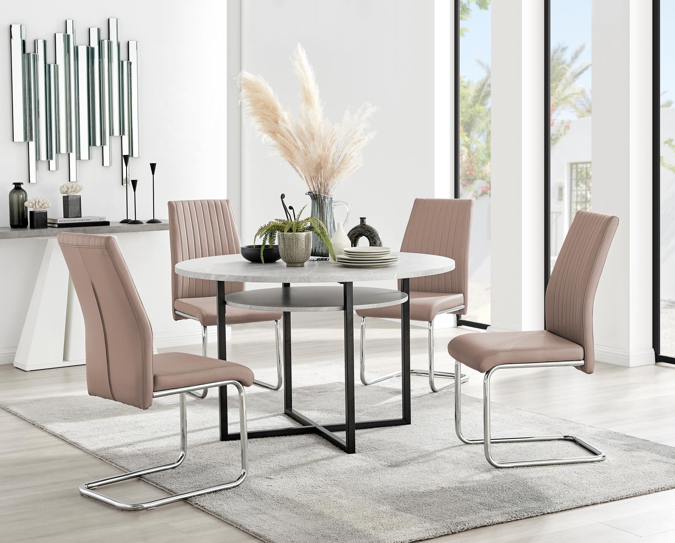 FurnitureboxUK Adley Grey Concrete Effect Round Dining Table & 4 Lorenzo Faux Leather Chairs in Beige