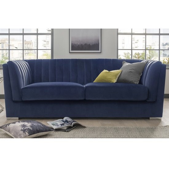 Flores Fabric 3 Seater Sofa In Blue Velvet With Chrome Legs