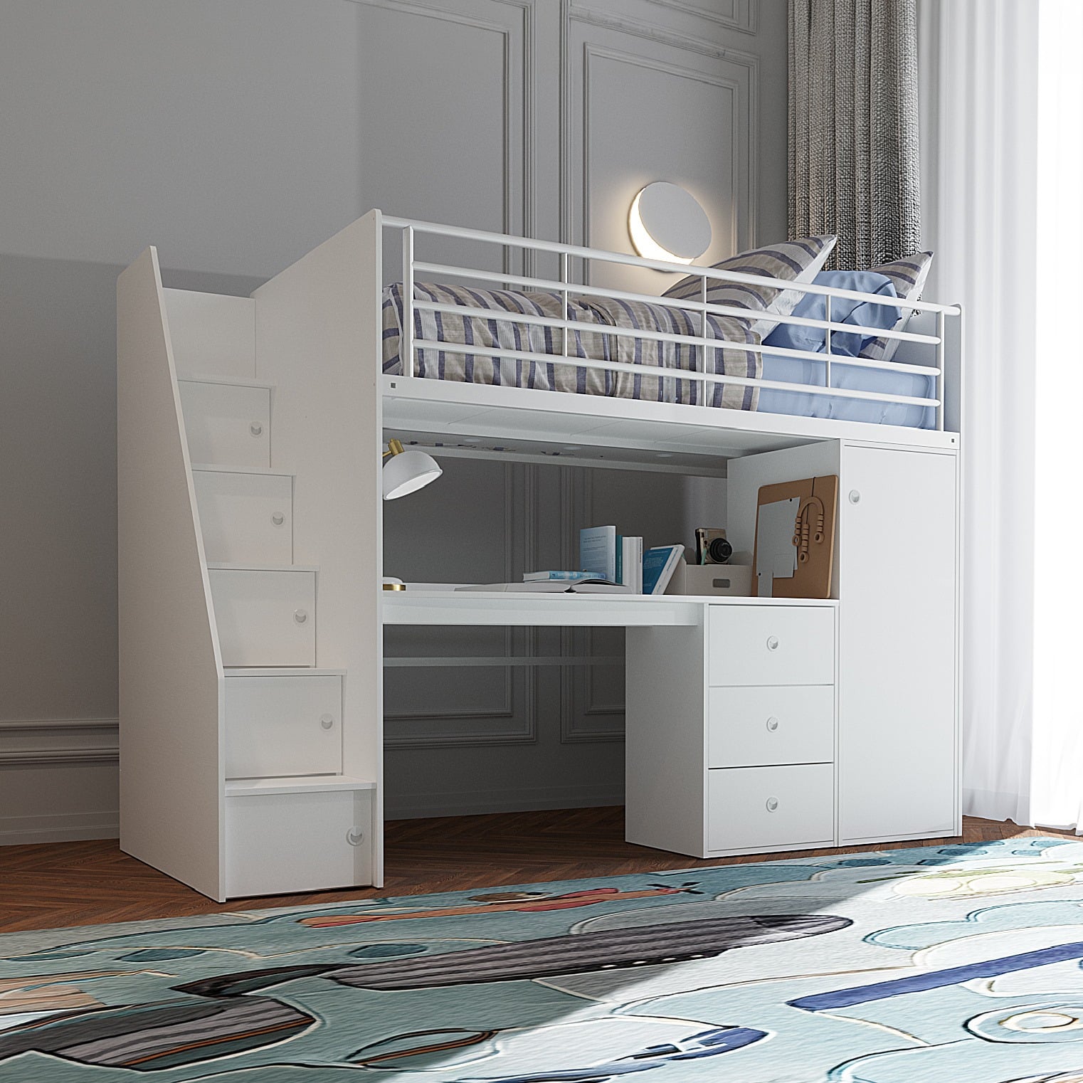 Dakota - Single - High Sleeper with a Desk, Drawers and Cupboard - White - Wooden - 3ft - Happy Beds