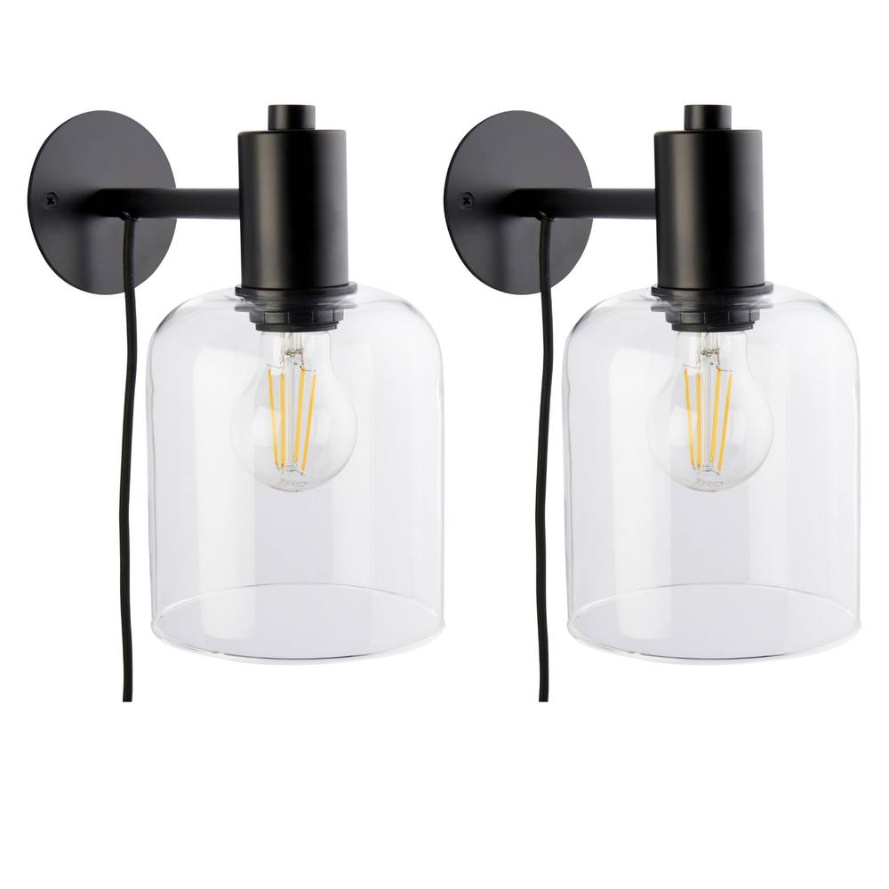 First Choice Lighting Set of 2 Maxton - Black with Clear Glass Plug In Wall Lamps