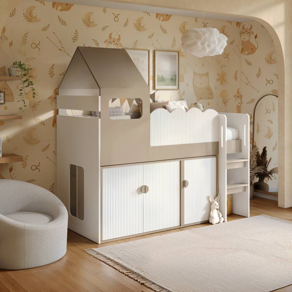 Flair Calista Ribbed House Mid Sleeper Bed with Storage White & Taupe