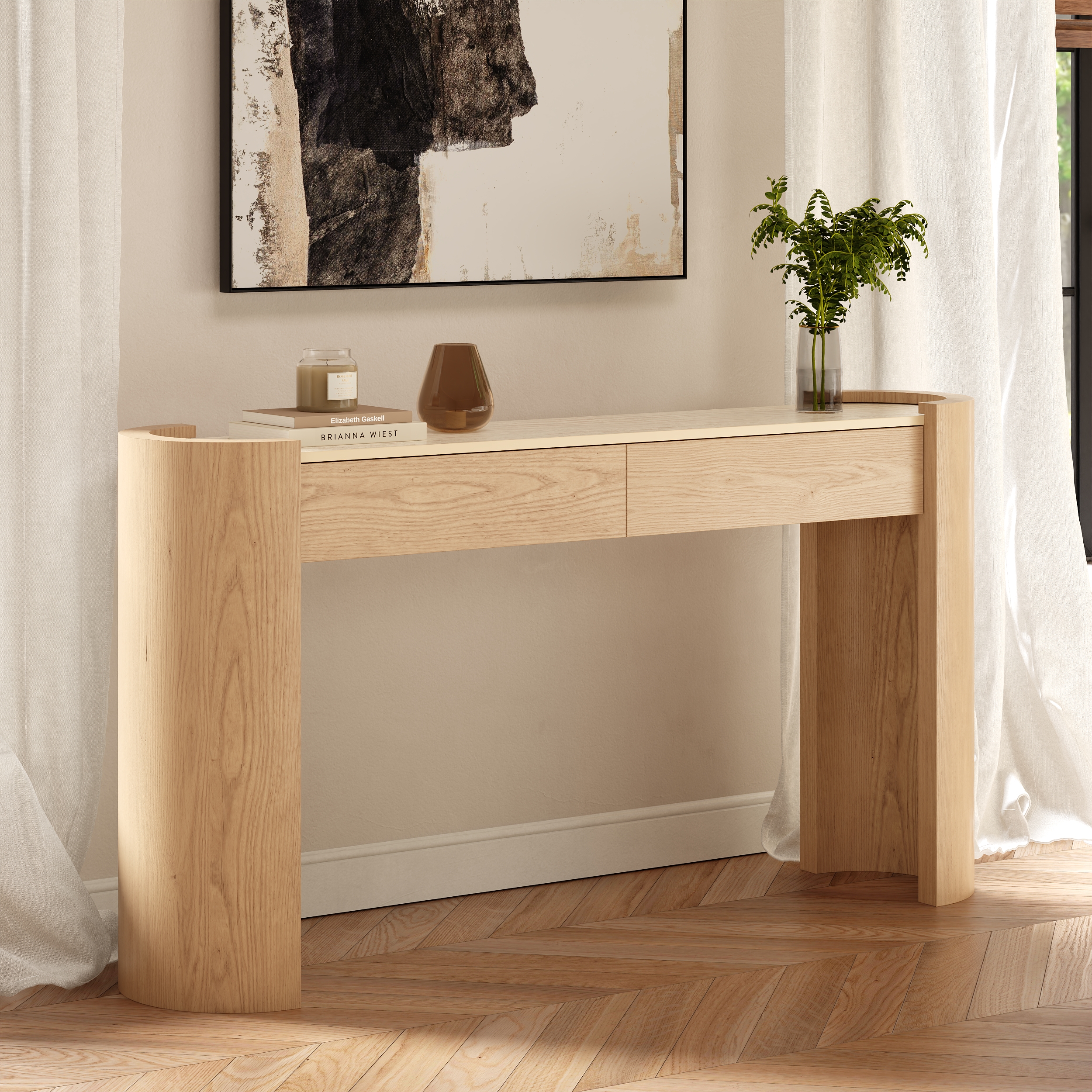 Japandi 60" Oval Sintered Stone Console Table With 2 Drawers