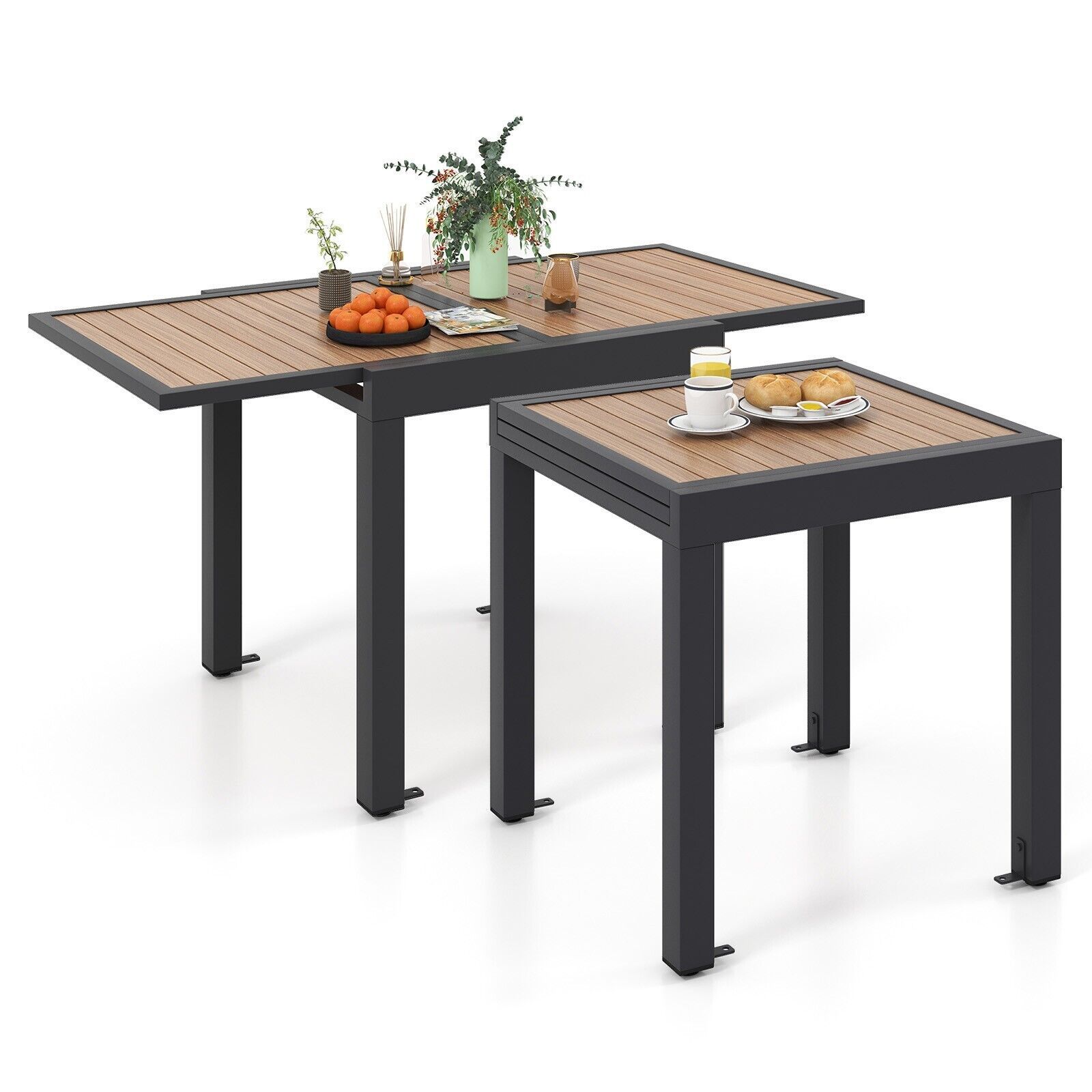 Costway 4-6 People Extendable Patio Dining Table Wood-like Rectangular Aluminum Table in Brown