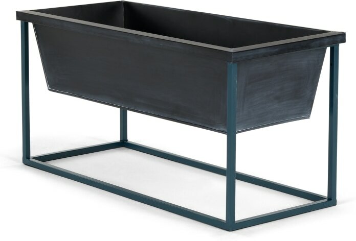 Noor Free Standing Low Galvanized Iron Rectangular Plant Stand, Black & Teal