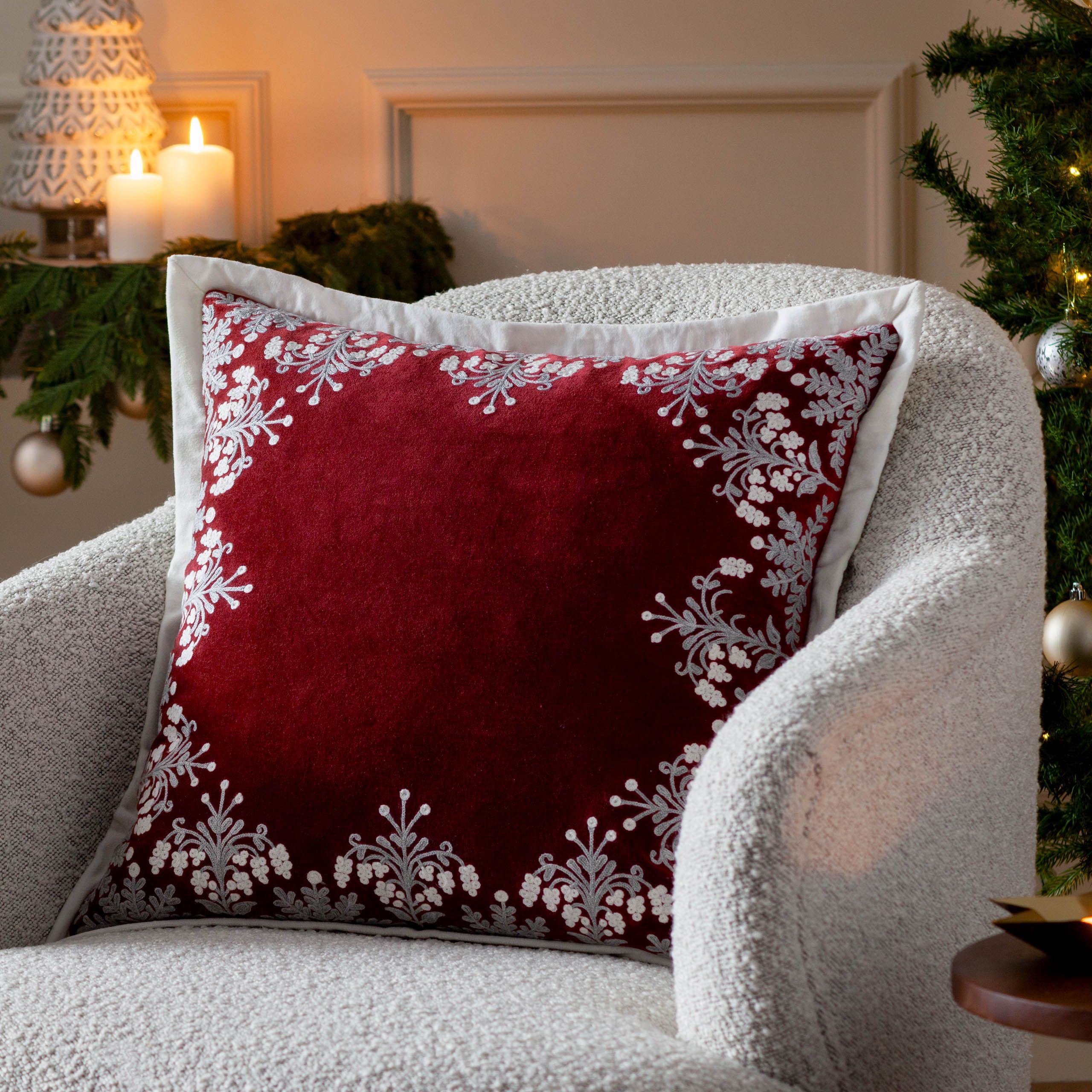 Paoletti Winter Bloom 100% Cotton Embroidered Cushion in Red