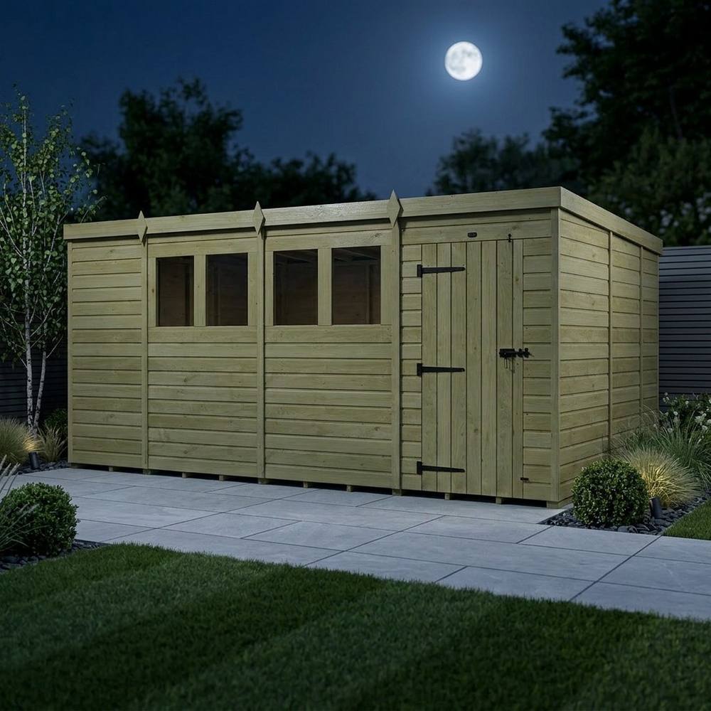 Buttercup Farm 15ft x 9ft Pent Garden Shed Single Door With Windows - Timber in Brown 3