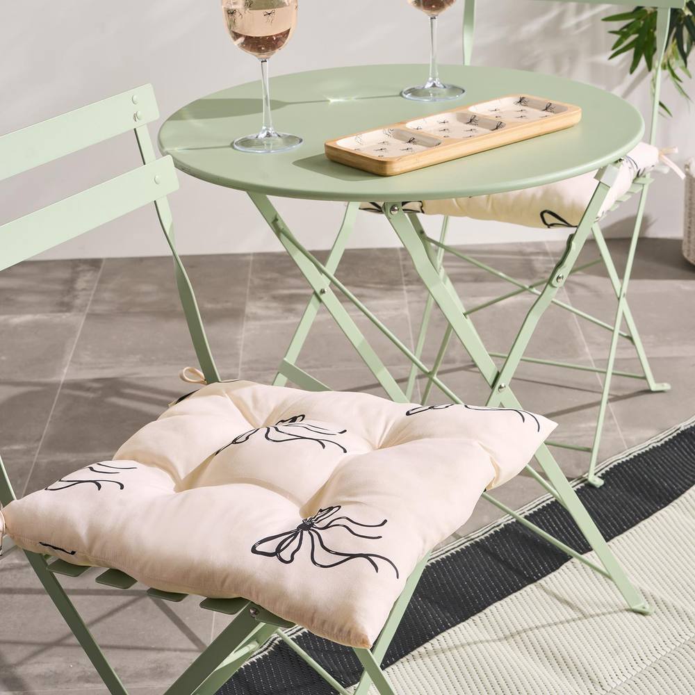 OHS 2 x Bows Print Garden Chair Cushions Outdoor Seat Pads in Cream
