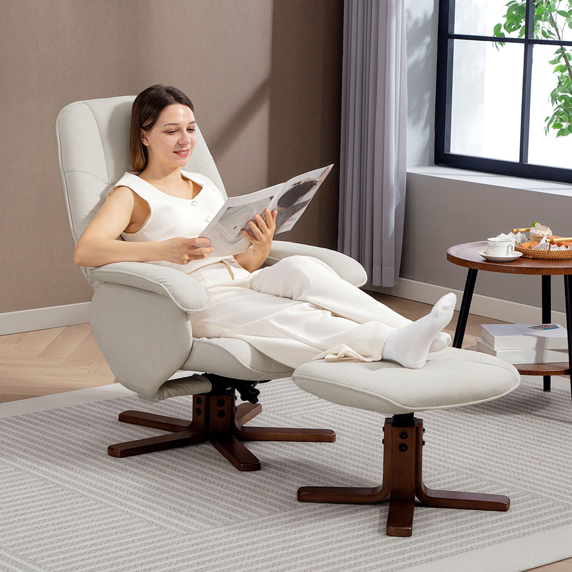 HOMCOM Swivel Recliner Chair with Footstool & Wooden Base in Beige