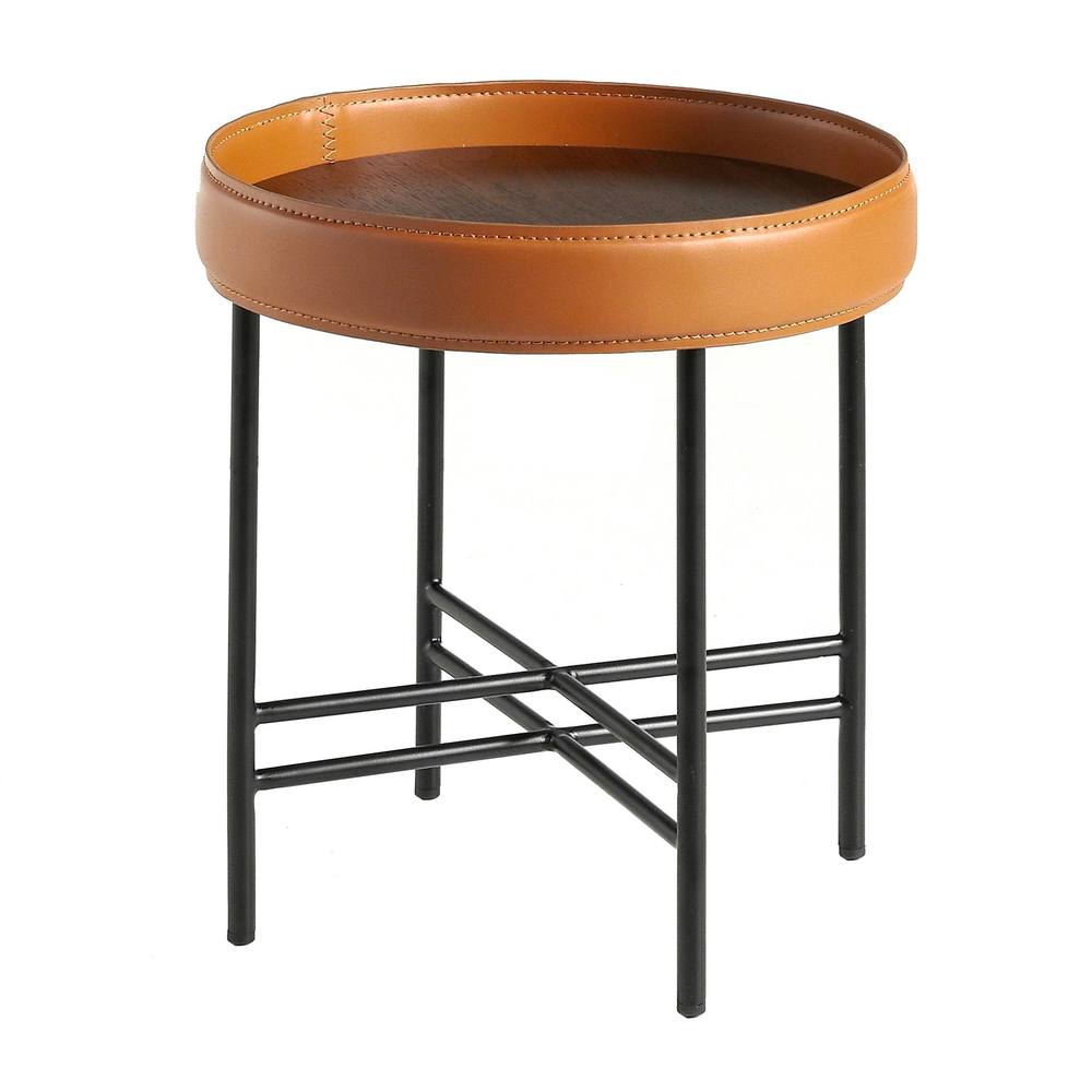 Angel Cerda Round Coffee Table, Walnut Top, Black Steel Legs, Orange Detail in Tan
