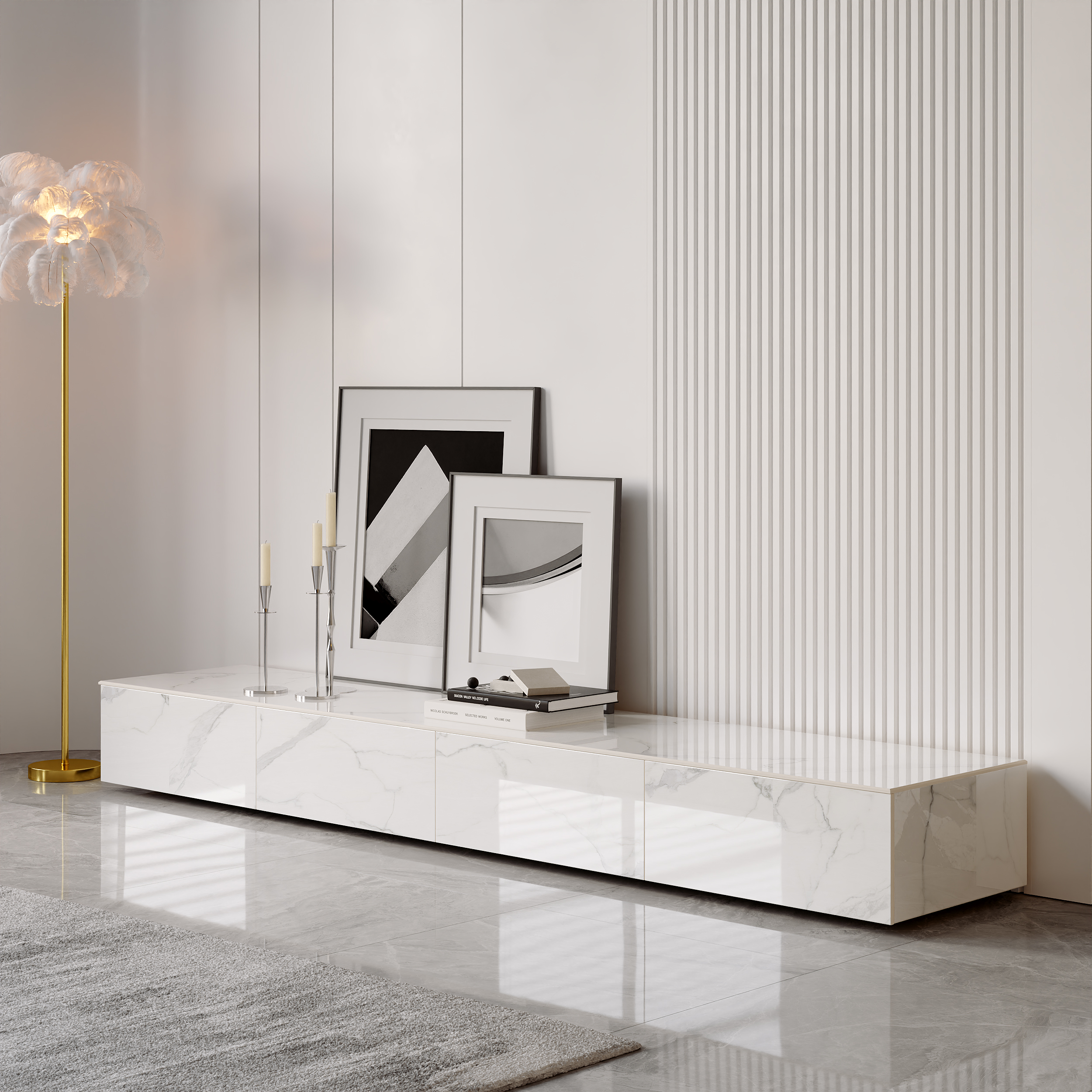 200 cm White TV Stand Faux Marble with Storage