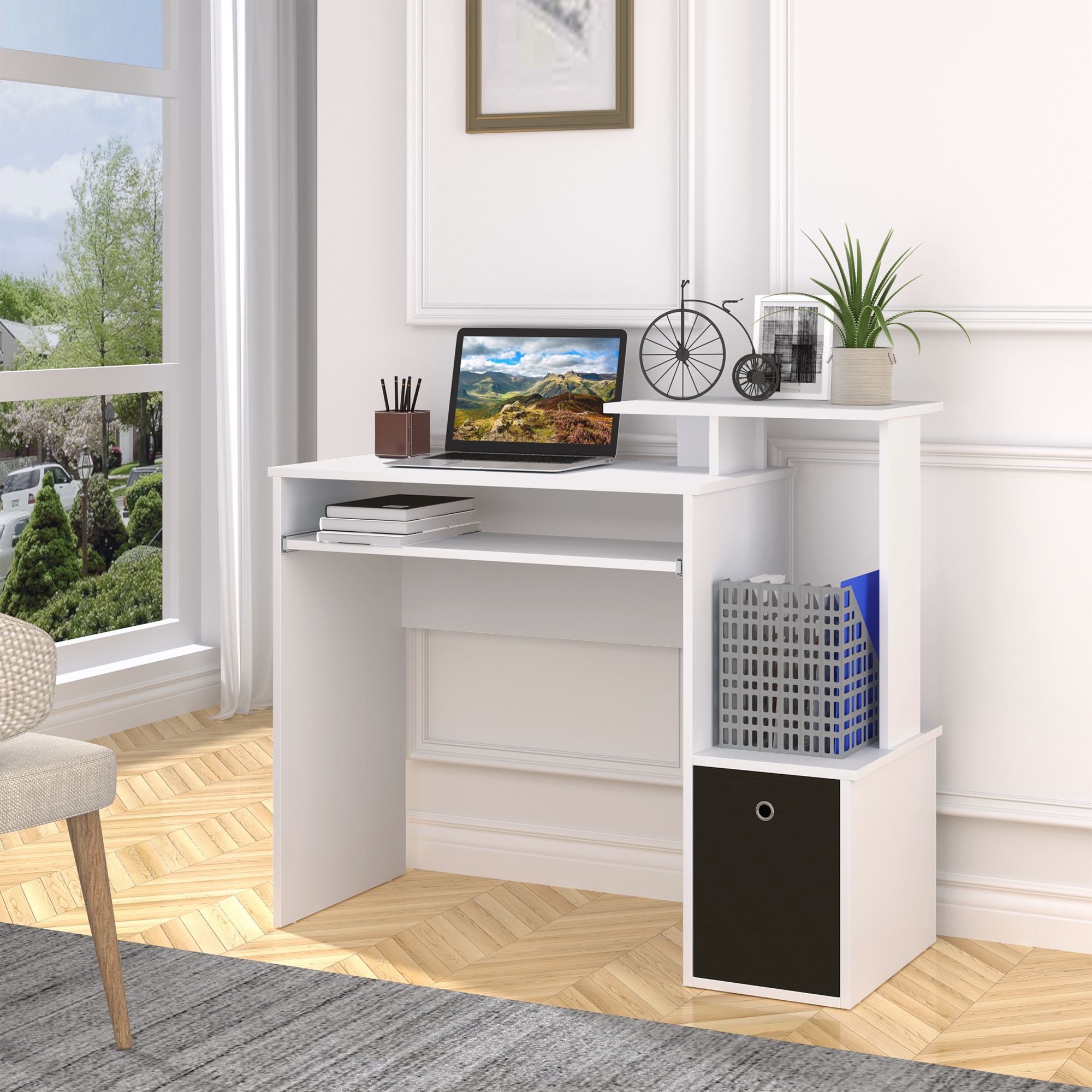 HOMCOM Computer Desk with Sliding Keyboard Tray Storage Drawer Shelf in White