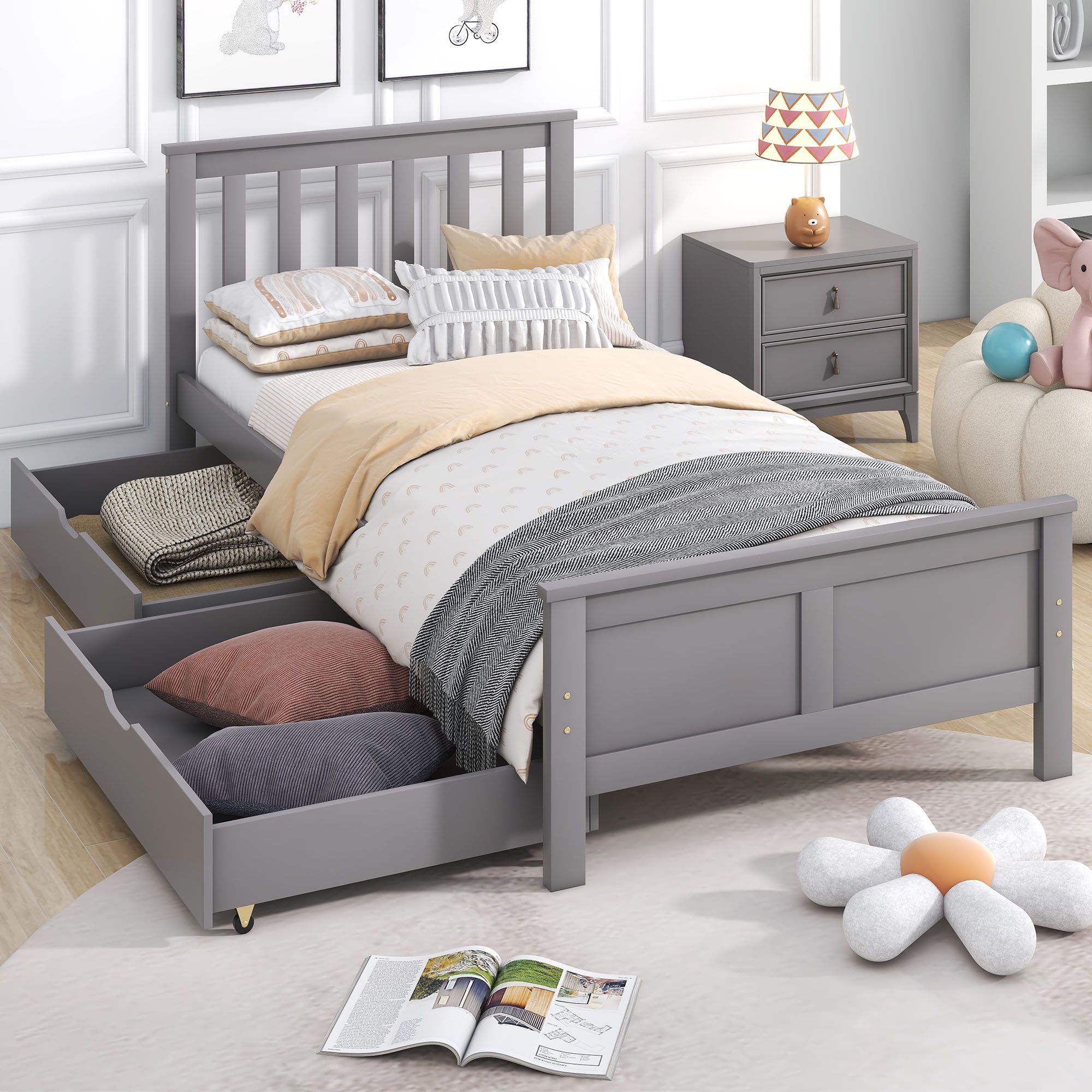 Matteo Wooden Solid Gray Pine Storage Bed With Drawers Bed Furniture Frame For Adults in Grey