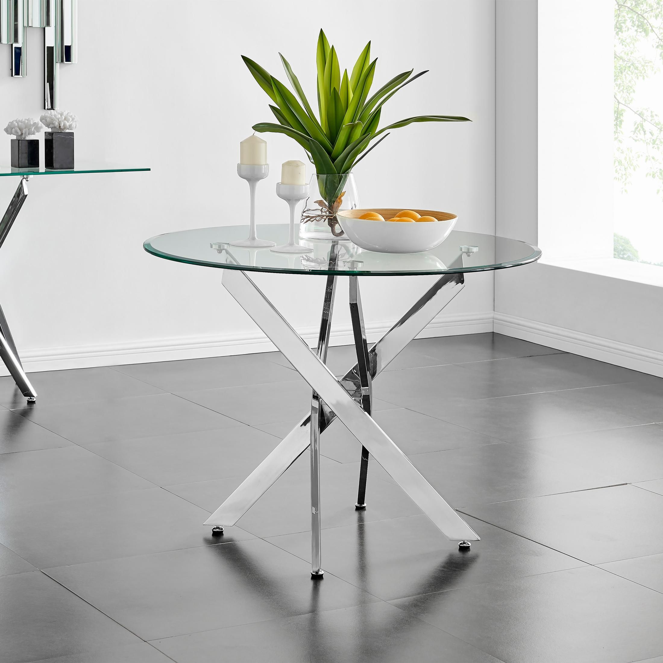 FurnitureboxUK Novara 100cm Round 4-Seater Glass & Metal Starburst Dining Table in Silver