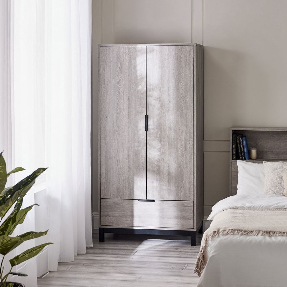 Bali – 2-Door 1-Drawer Combination Wardrobe – Grey Oak – Wooden - Happy Beds