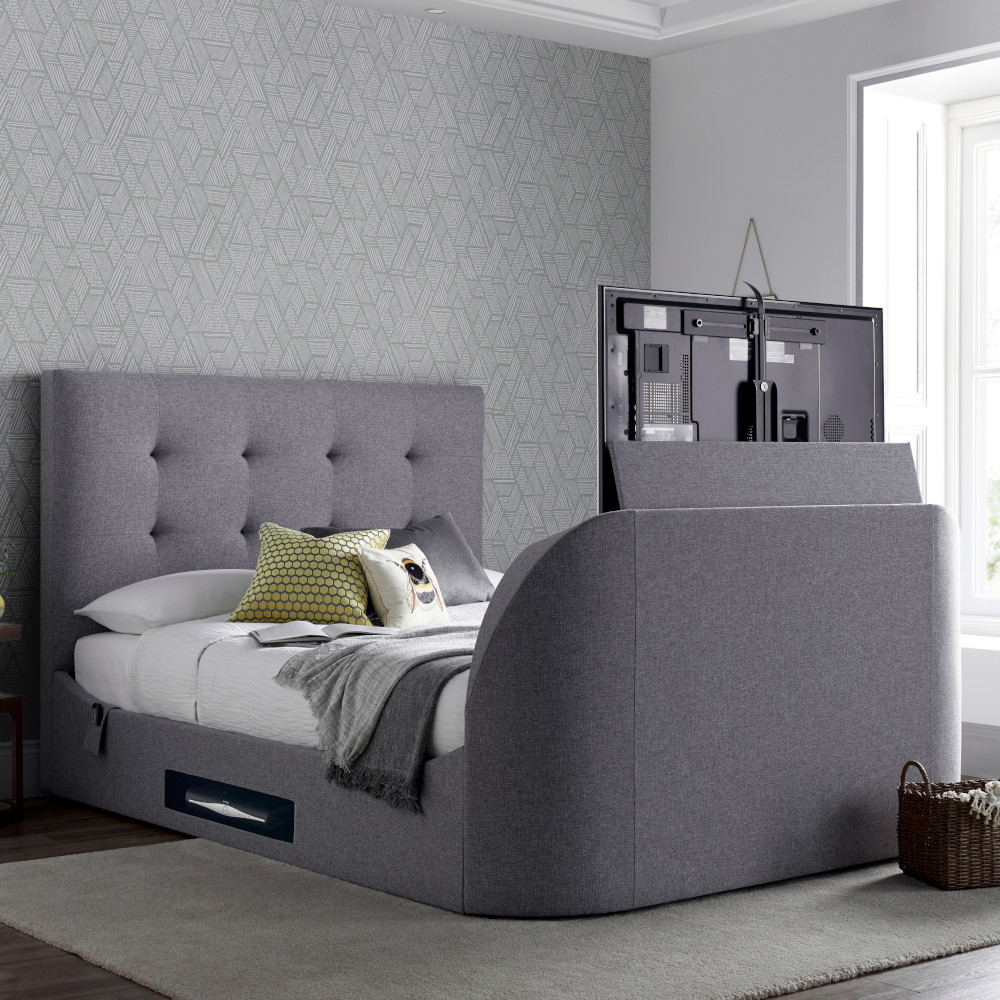 Lannister Light Grey Fabric Electric TV Bed - 4ft6 Double