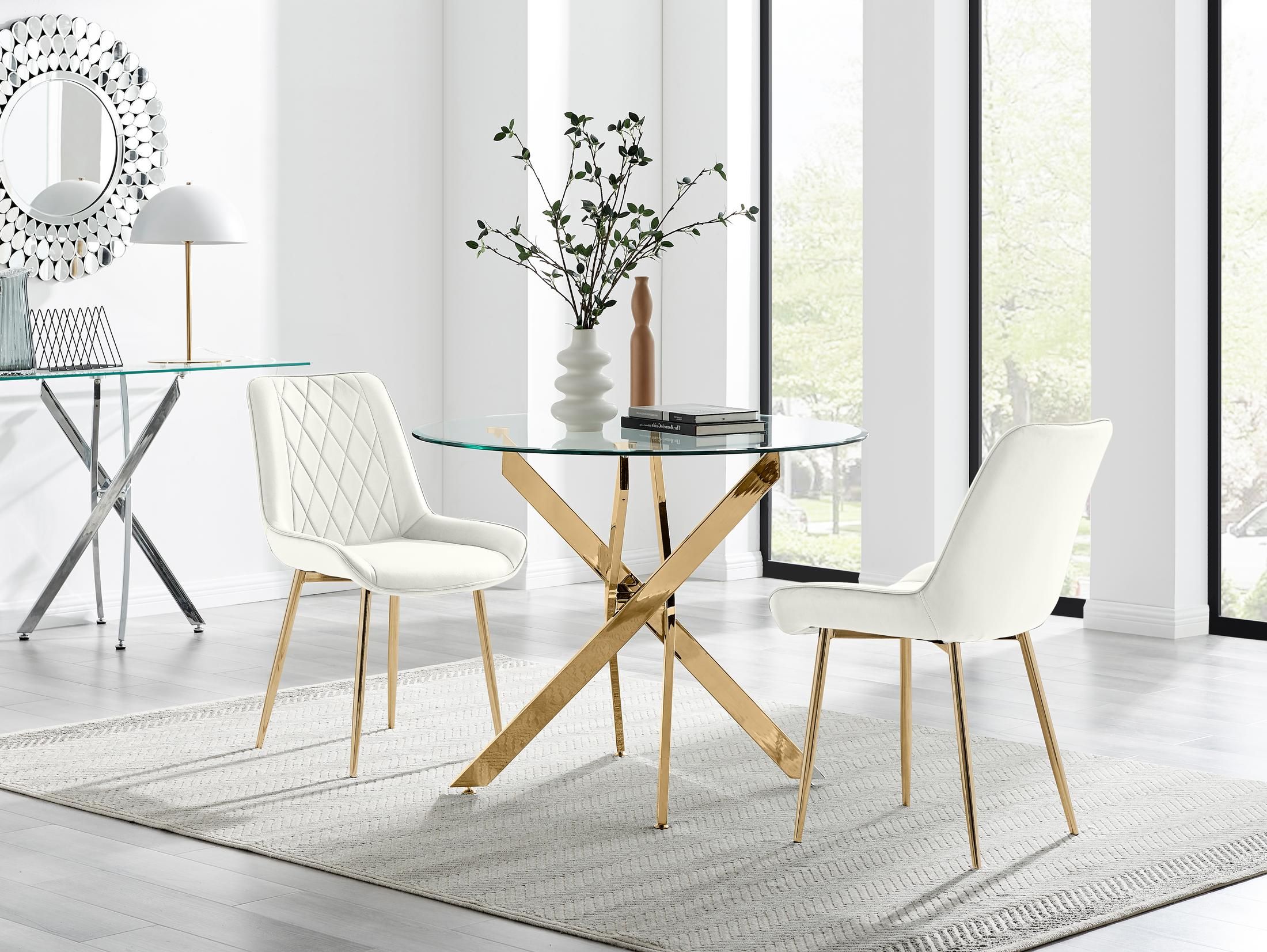 FurnitureboxUK Novara 100cm Round Gold Leg Dining Table & 2 Pesaro Gold Leg Chairs in Cream