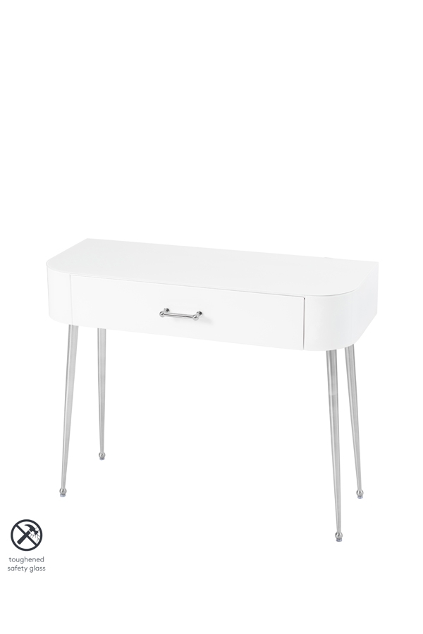 Mason White Glass Console Table – Shiny Silver Legs