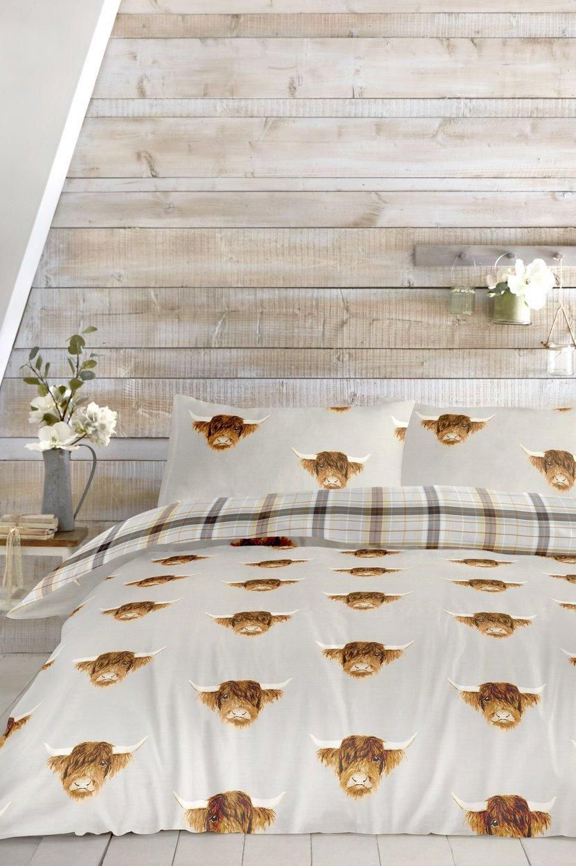 Fusion 'Highland Cow' Print With Tartan Reverse Duvet Cover Set in Mustard