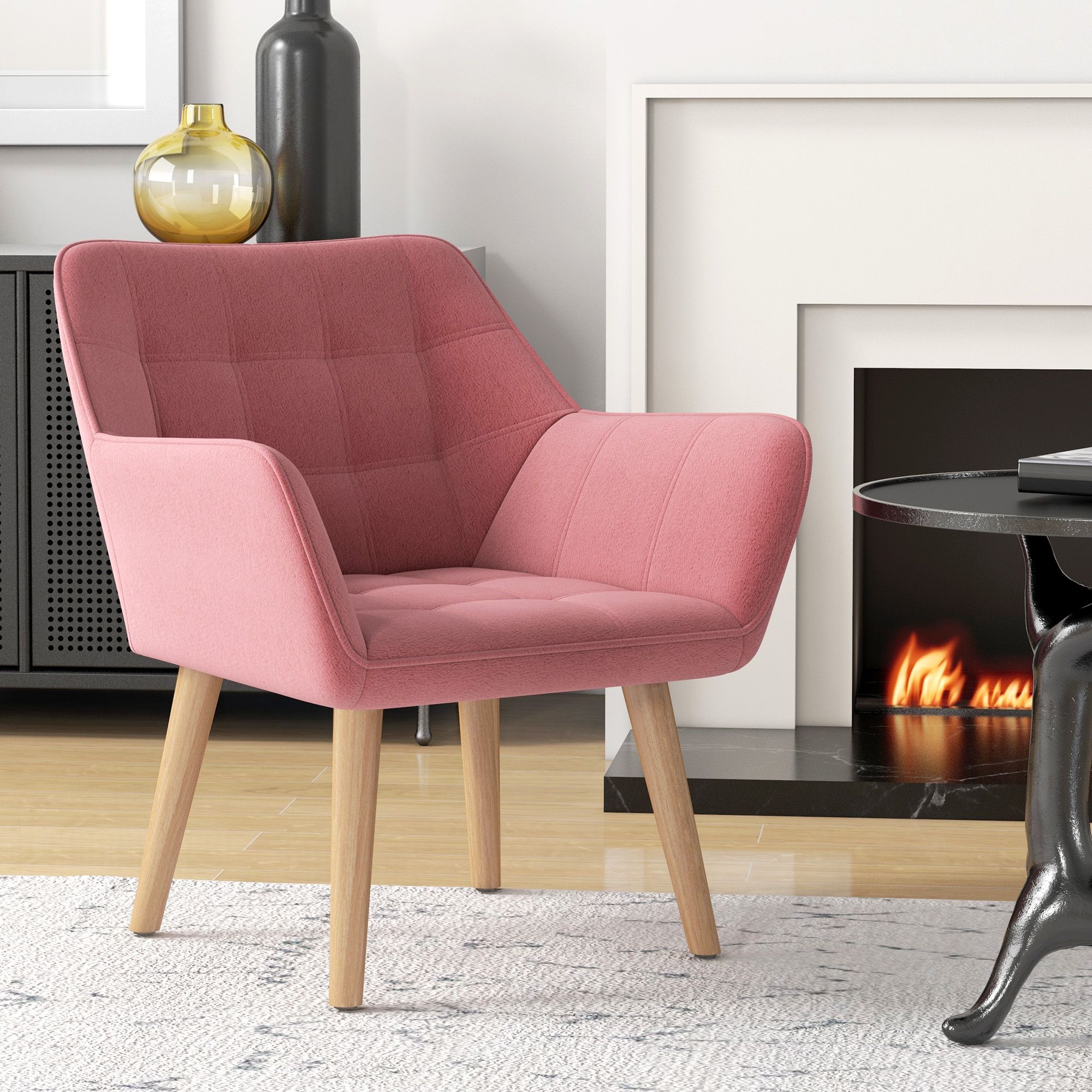 HOMCOM Velvet-Feel Accent Chair with Arms Slanted Back Wood Legs in Pink