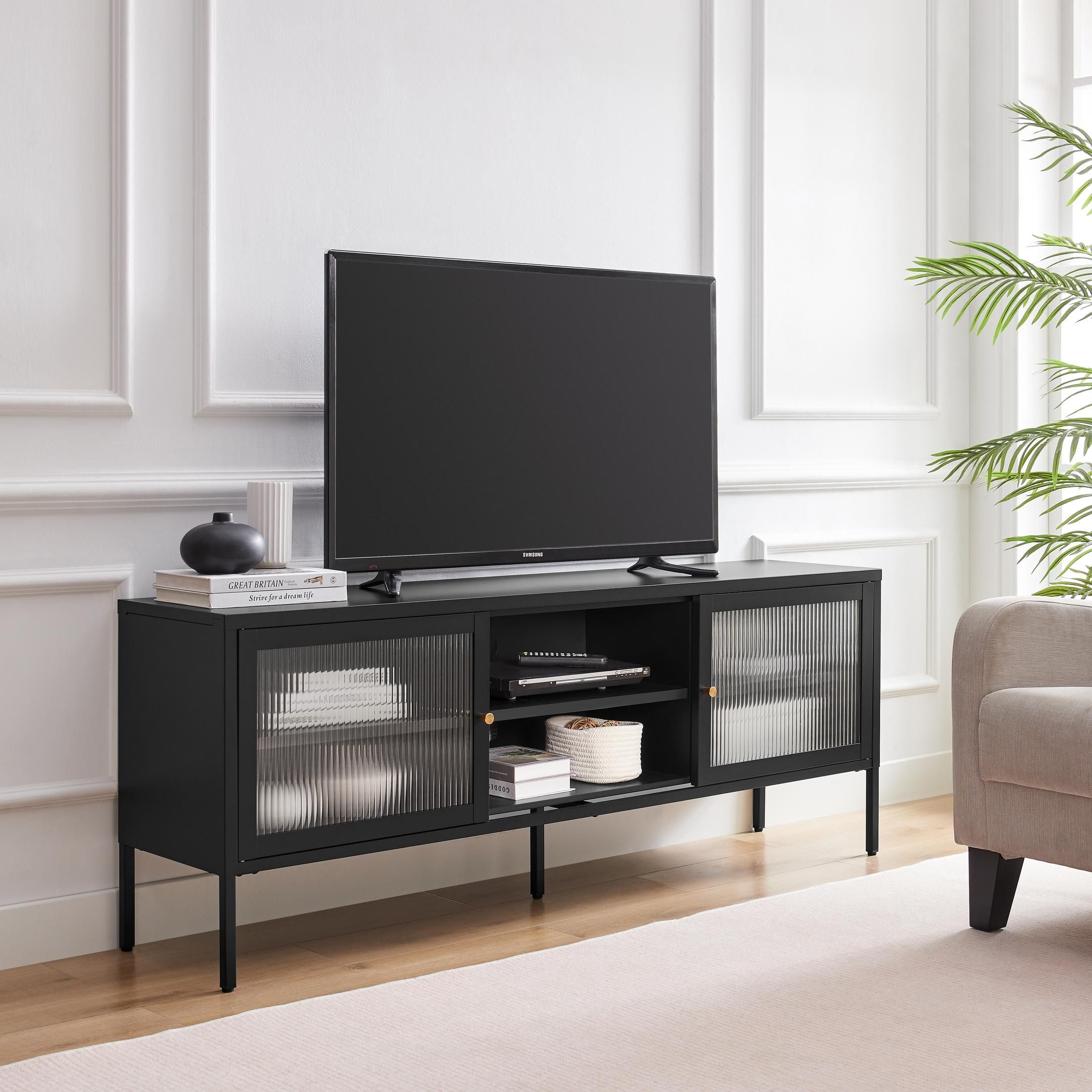 FurnitureboxUK Kafe Black Metal TV Sideboard With 6 Compartments