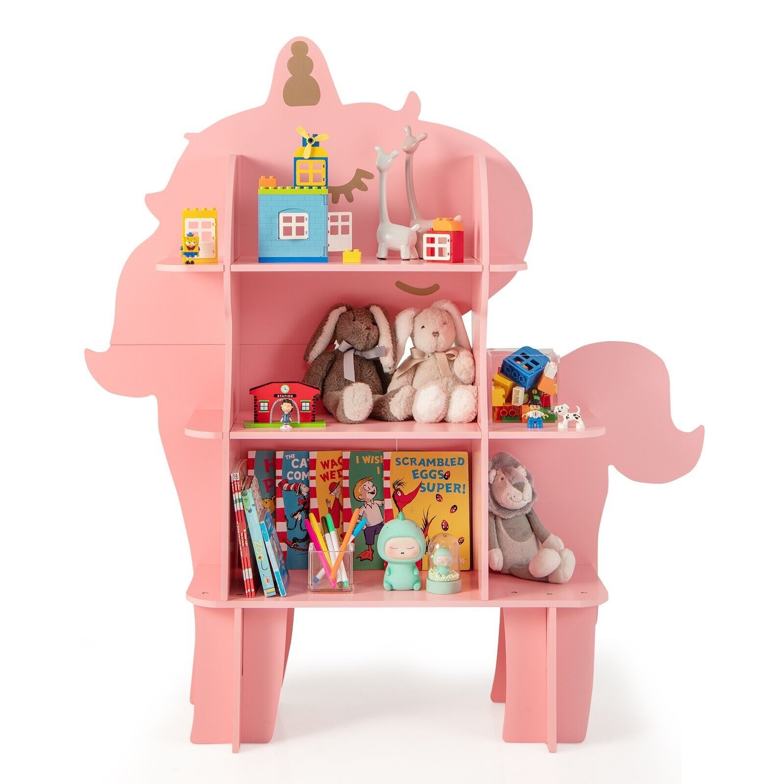 Costway Unicorn Bookcase 3-Tier Toy Storage Organizer Wooden Bookshelf in Pink